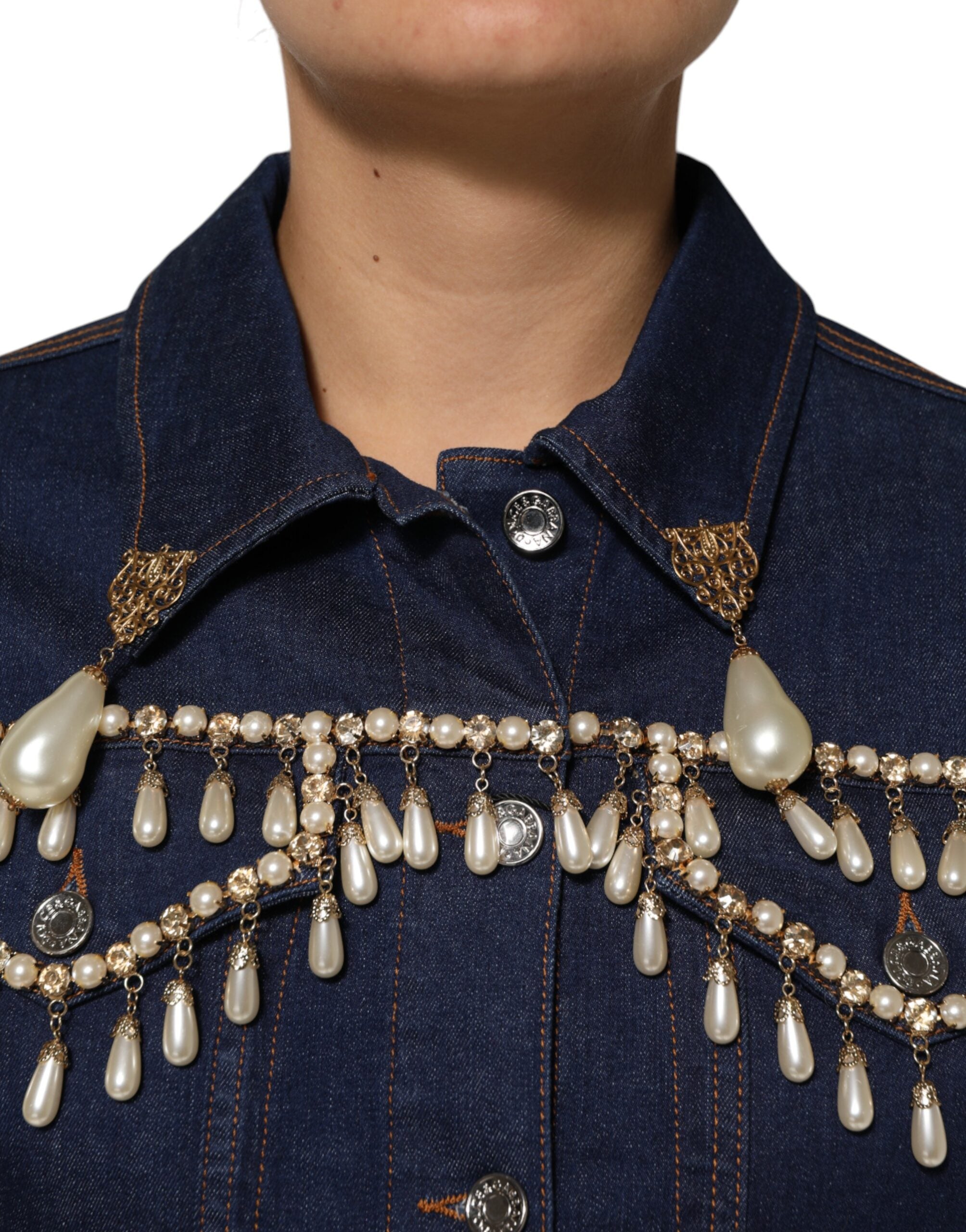 Dolce & Gabbana Blaue Jeansjacke aus Baumwolle mit Kristallverzierung