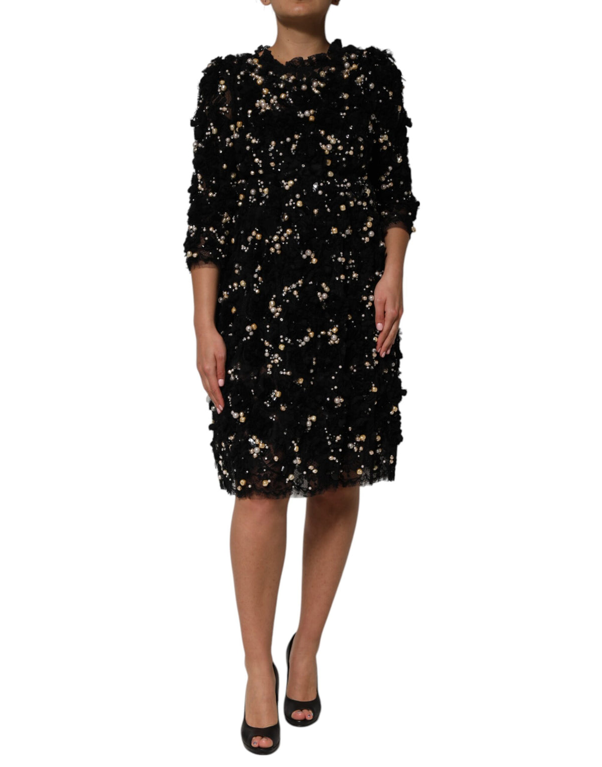 Dolce & Gabbana Schwarzes Shift-Kleid aus Viskose mit Perlenstickerei
