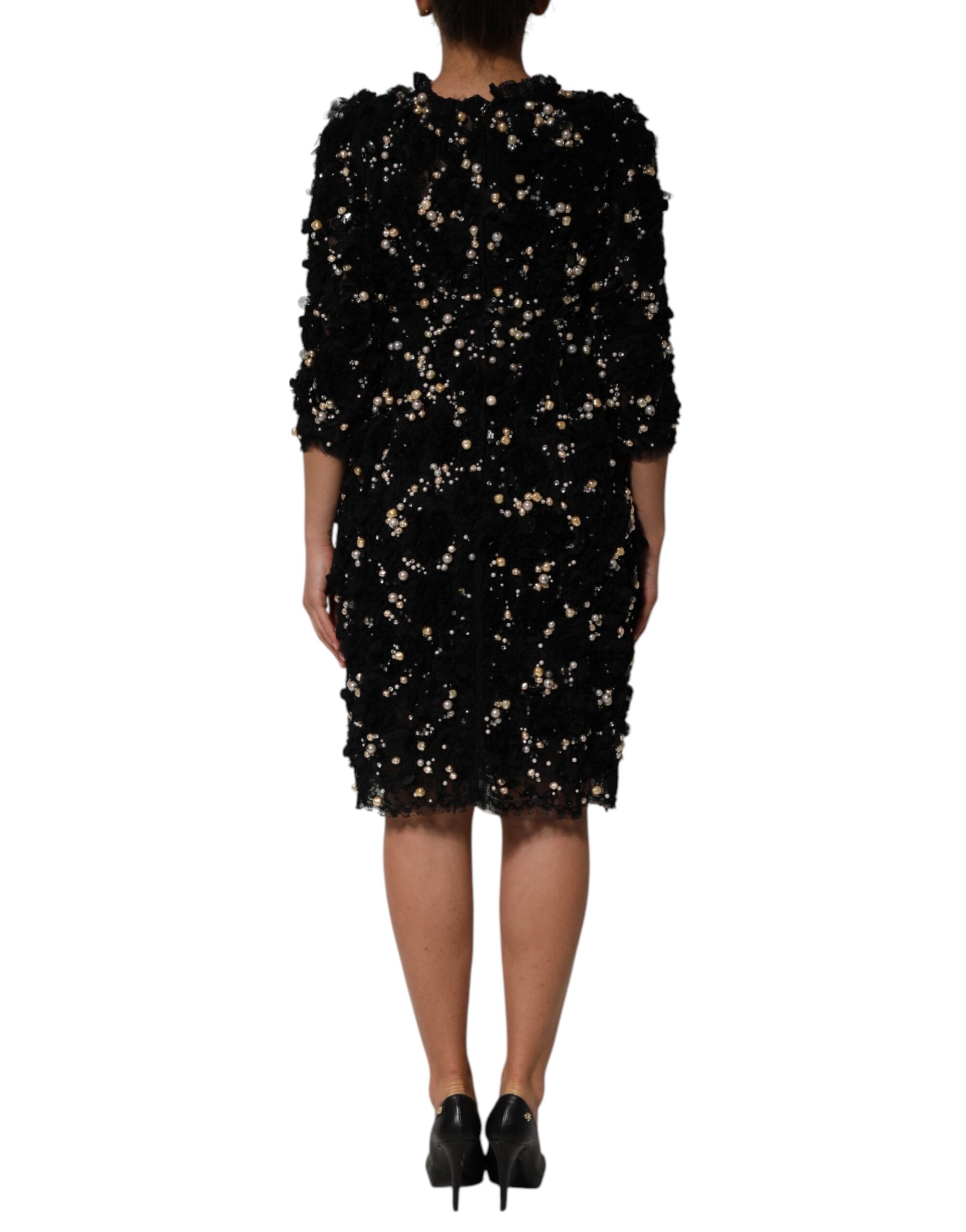 Dolce & Gabbana Schwarzes Shift-Kleid aus Viskose mit Perlenstickerei