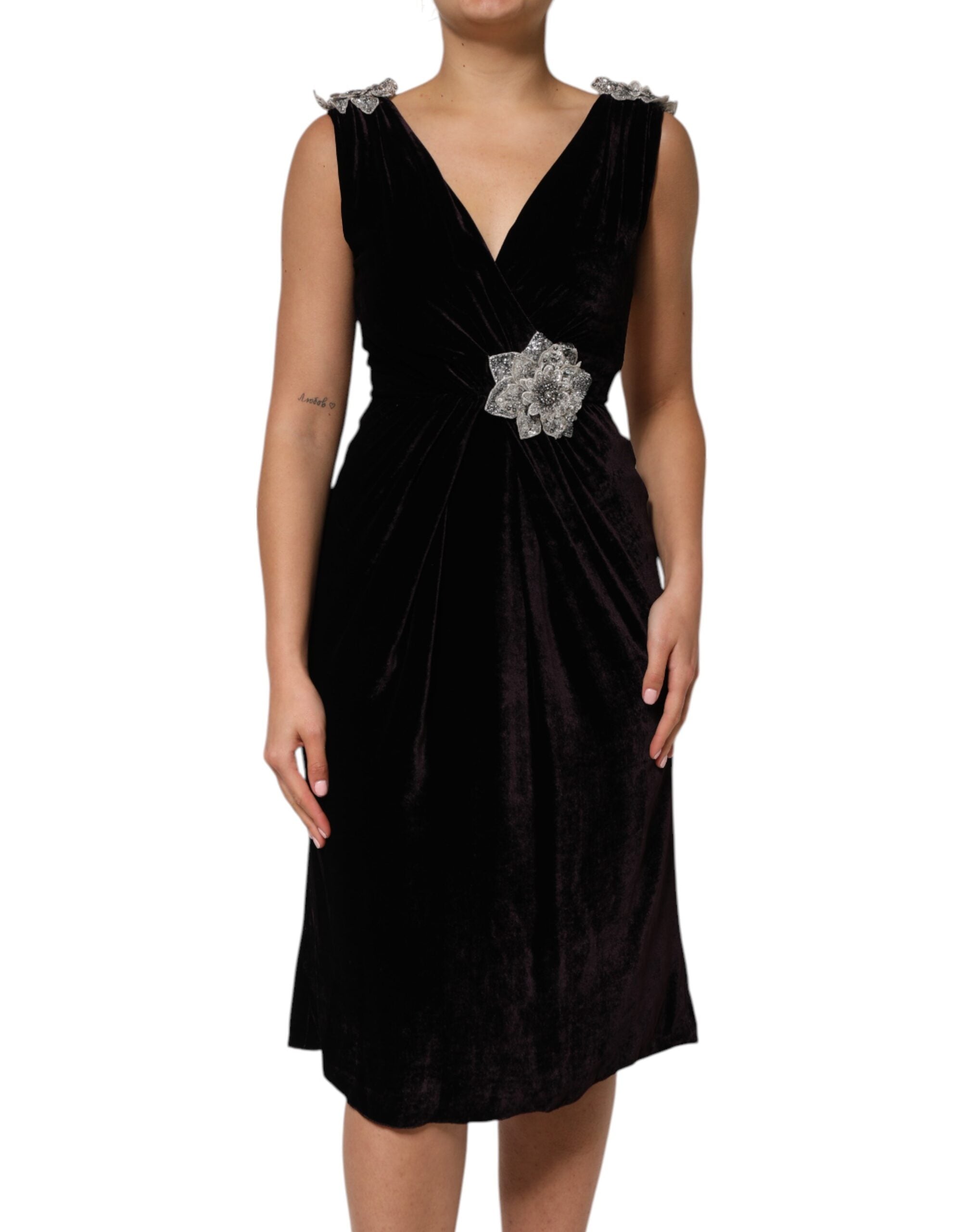 Dolce & Gabbana Schwarzes A-Linien-Kleid aus Samt mit Blumenapplikationen