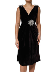 Dolce & Gabbana Schwarzes A-Linien-Kleid aus Samt mit Blumenapplikationen