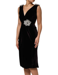 Dolce & Gabbana Schwarzes A-Linien-Kleid aus Samt mit Blumenapplikationen