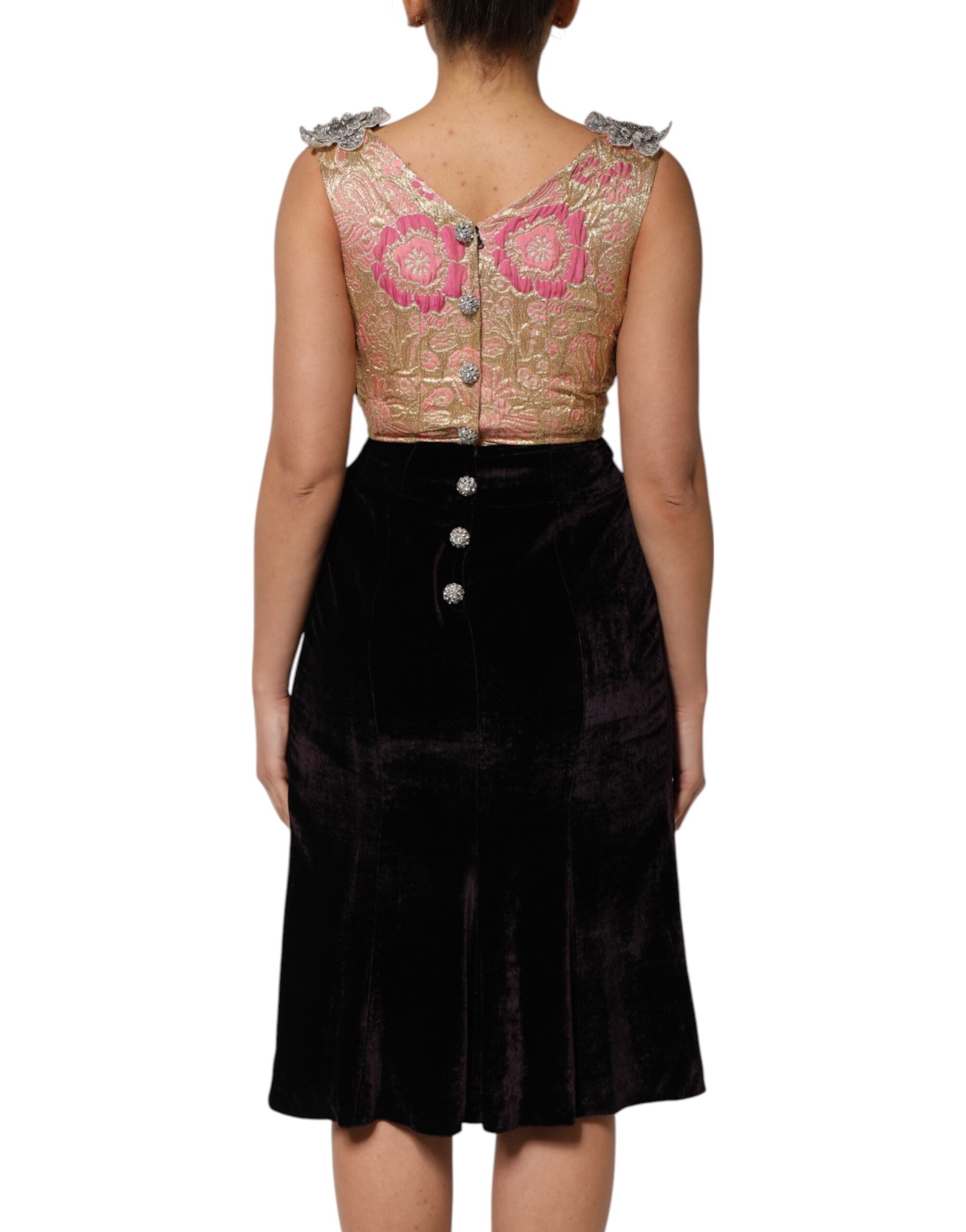 Dolce & Gabbana Schwarzes A-Linien-Kleid aus Samt mit Blumenapplikationen