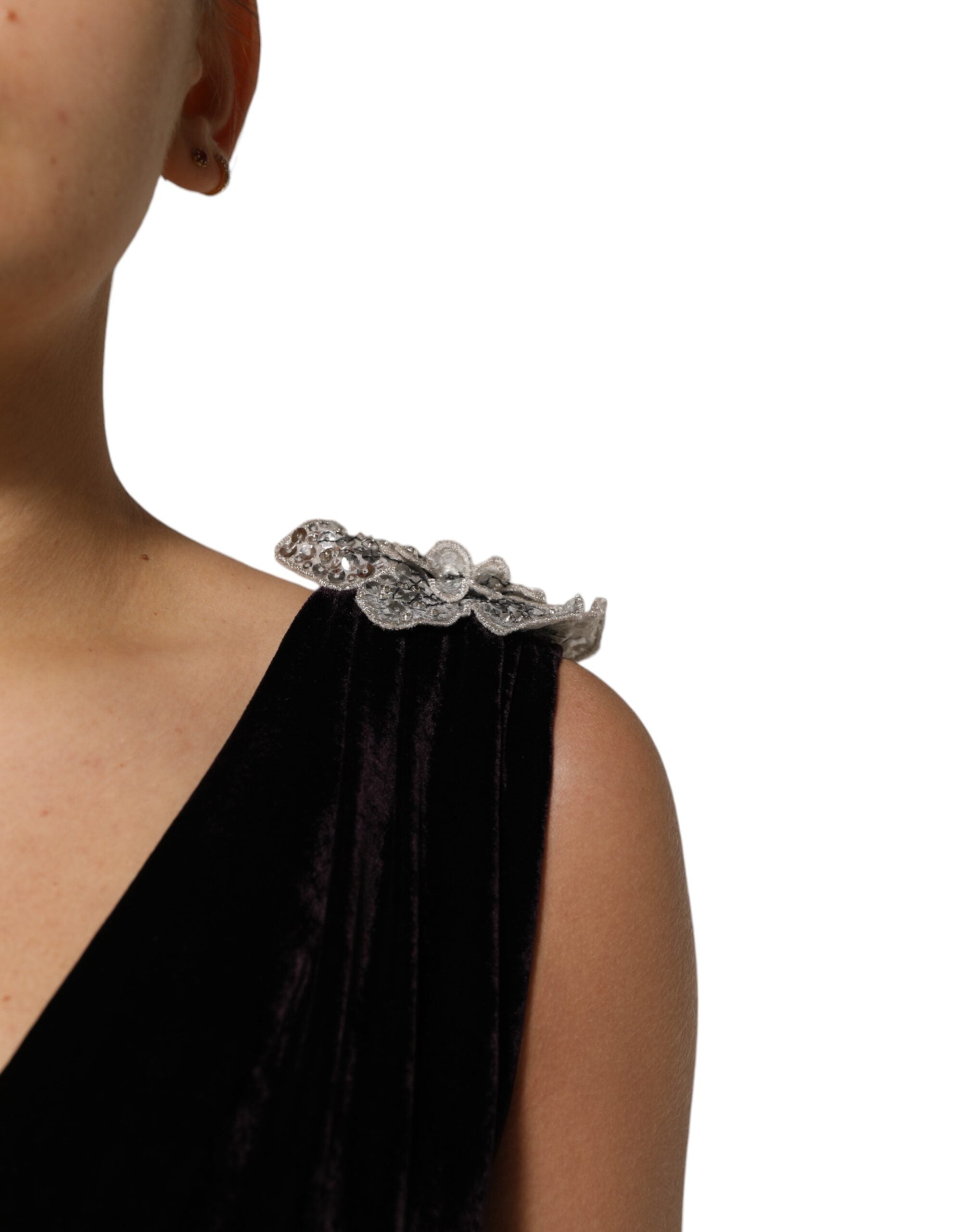 Dolce & Gabbana Schwarzes A-Linien-Kleid aus Samt mit Blumenapplikationen