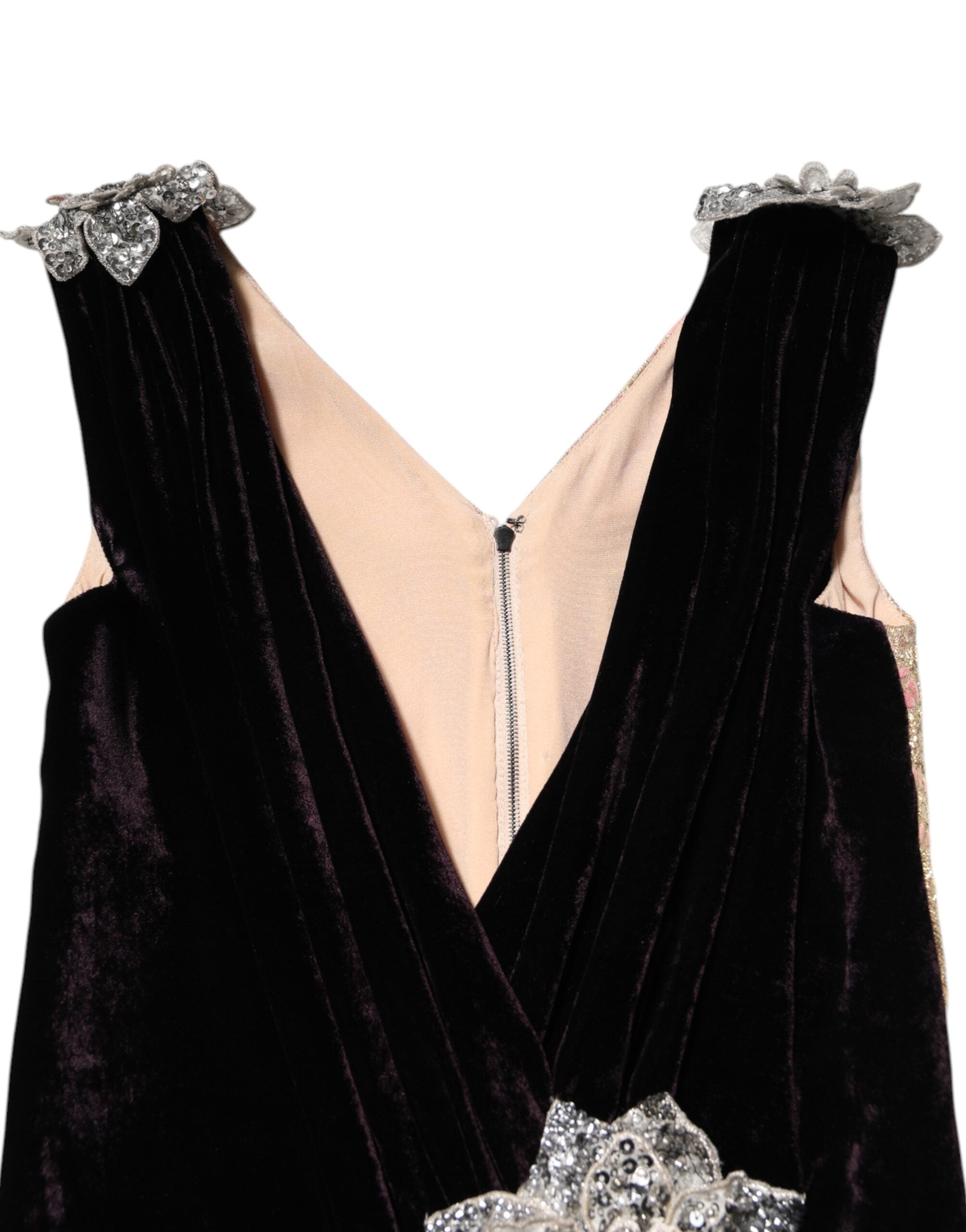 Dolce & Gabbana Schwarzes A-Linien-Kleid aus Samt mit Blumenapplikationen