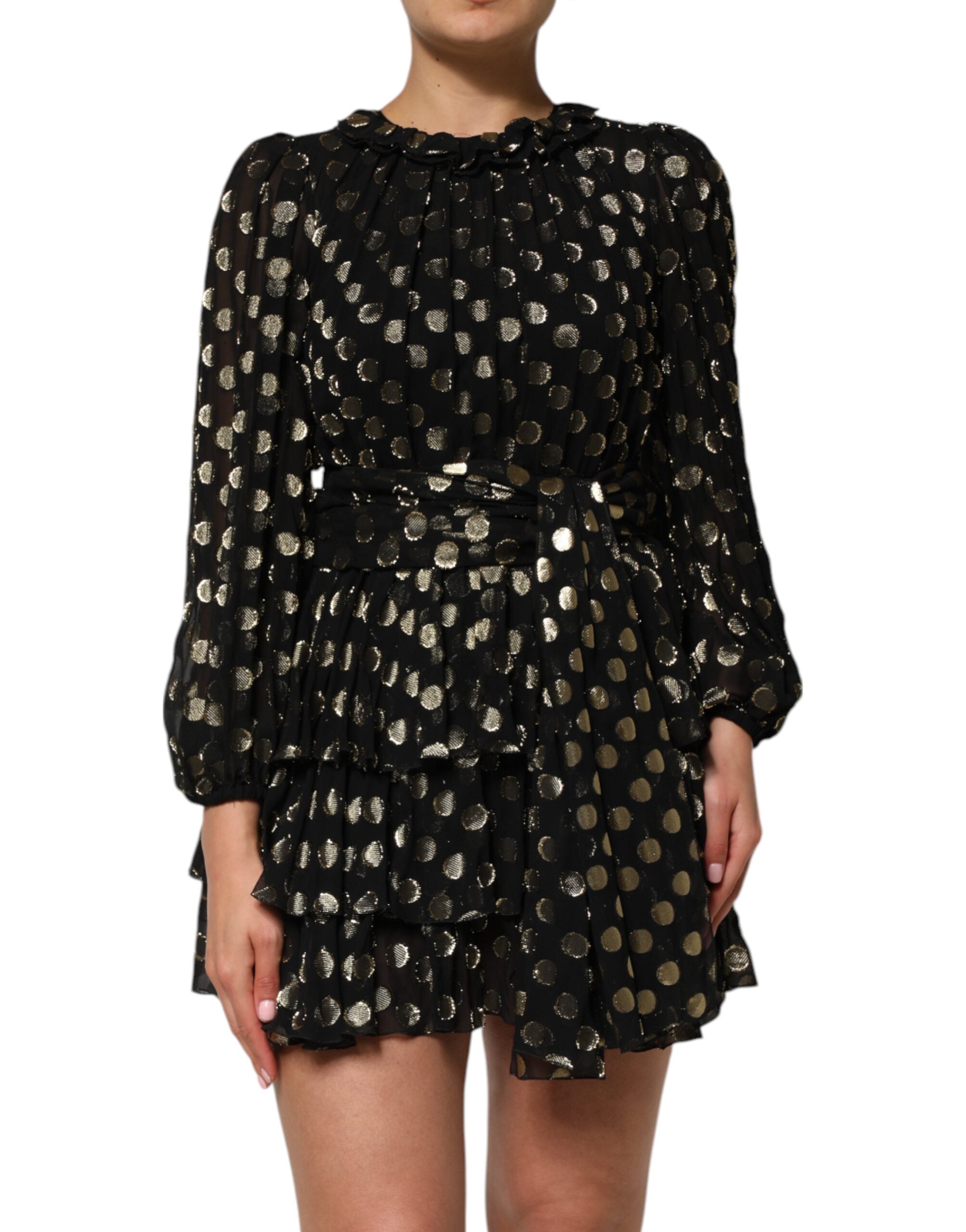 Dolce & Gabbana Schwarzes Gold Brokatseiden-Minikleid mit Polka Dots