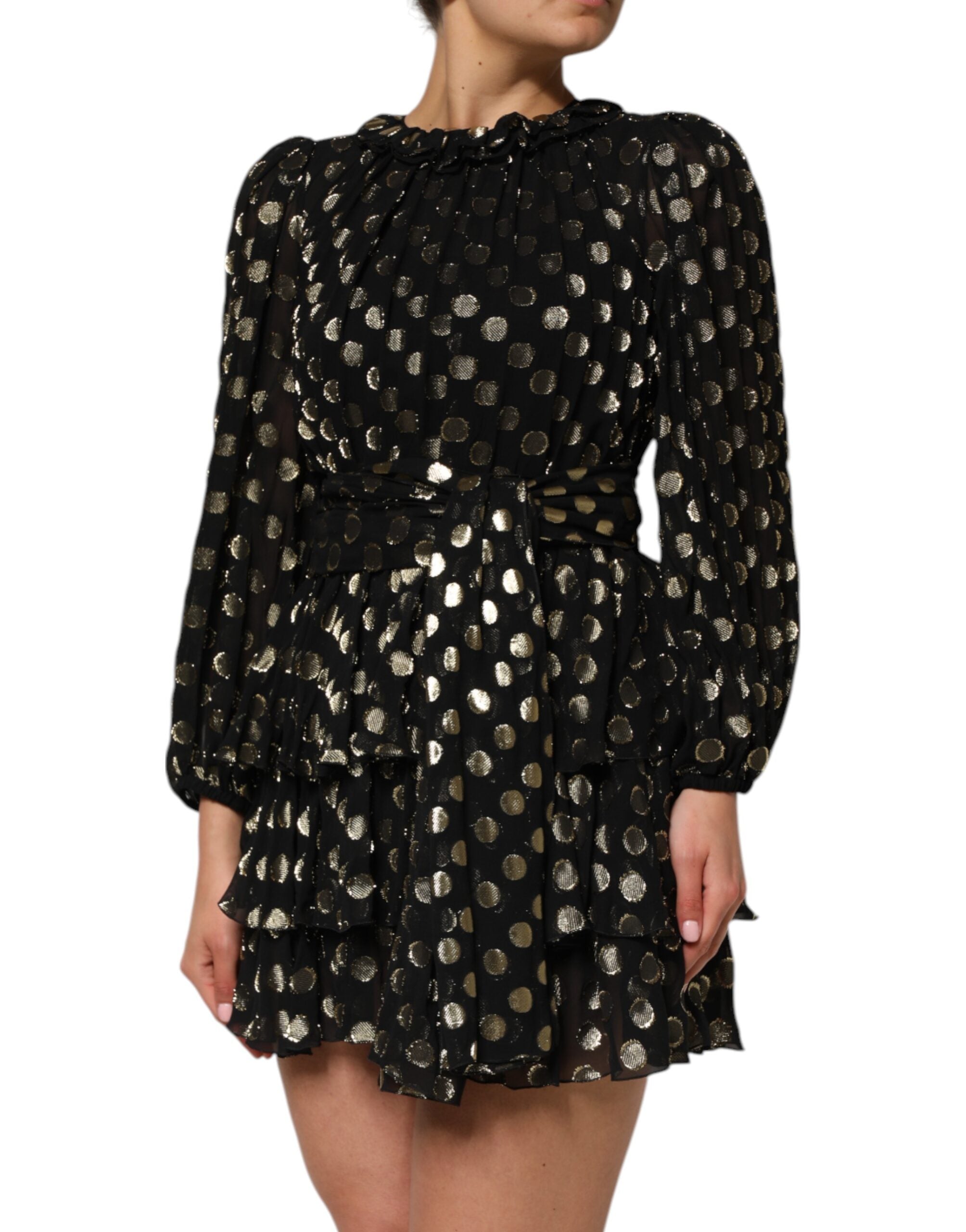 Dolce & Gabbana Schwarzes Gold Brokatseiden-Minikleid mit Polka Dots