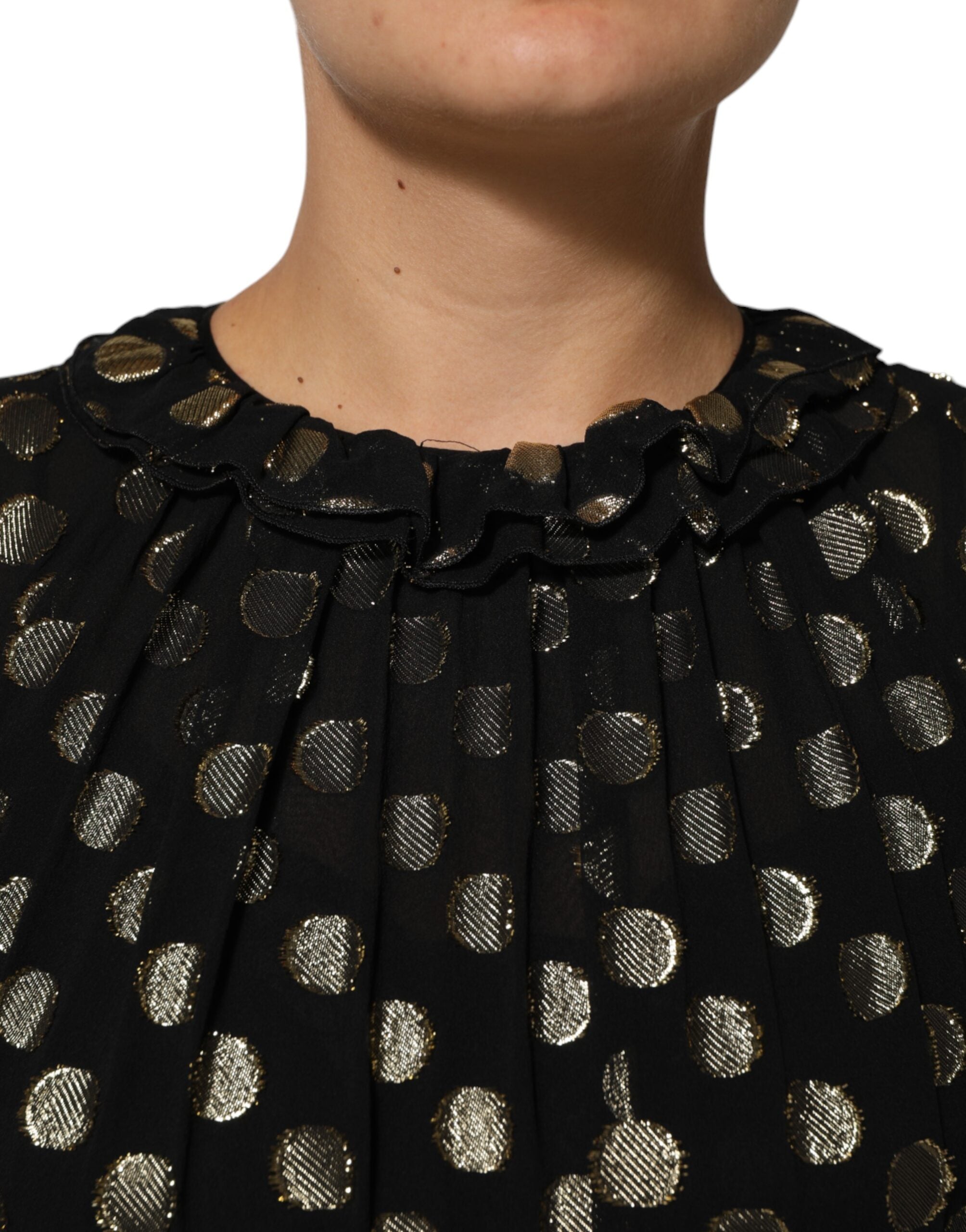 Dolce & Gabbana Schwarzes Gold Brokatseiden-Minikleid mit Polka Dots