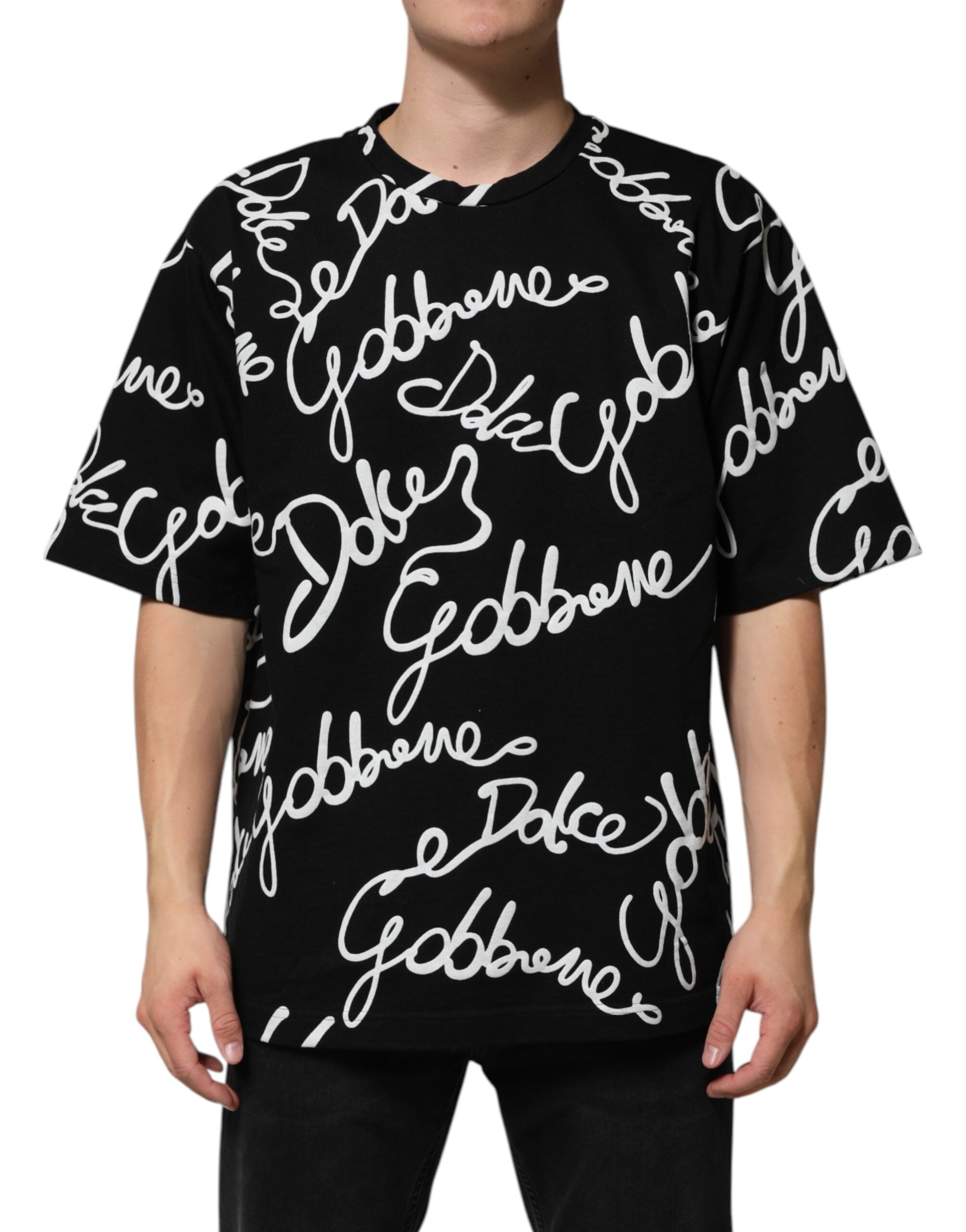 Dolce & Gabbana Schwarzes Baumwoll-T-Shirt mit Logo-Print und Rundhalsausschnitt
