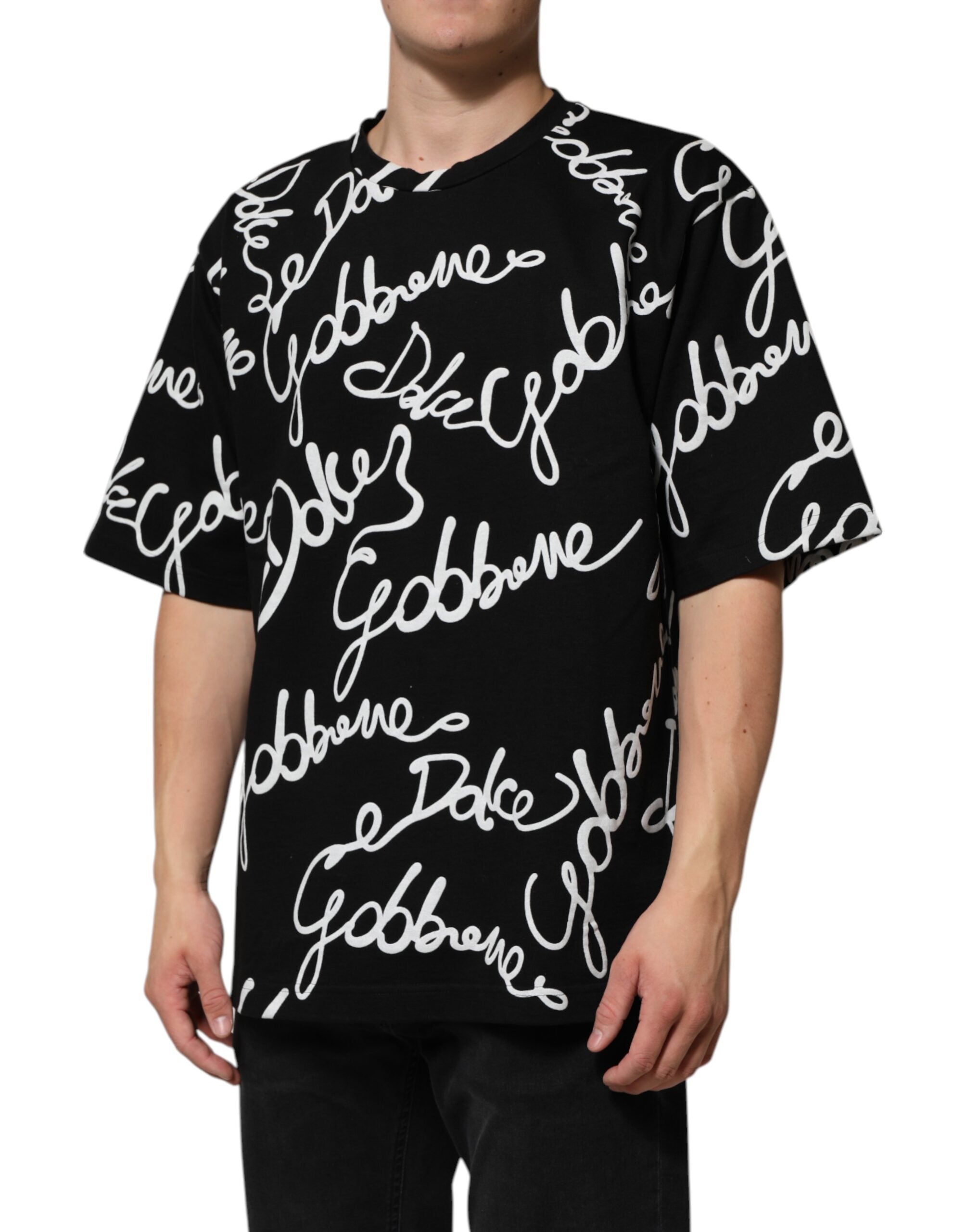 Dolce & Gabbana Schwarzes Baumwoll-T-Shirt mit Logo-Print und Rundhalsausschnitt