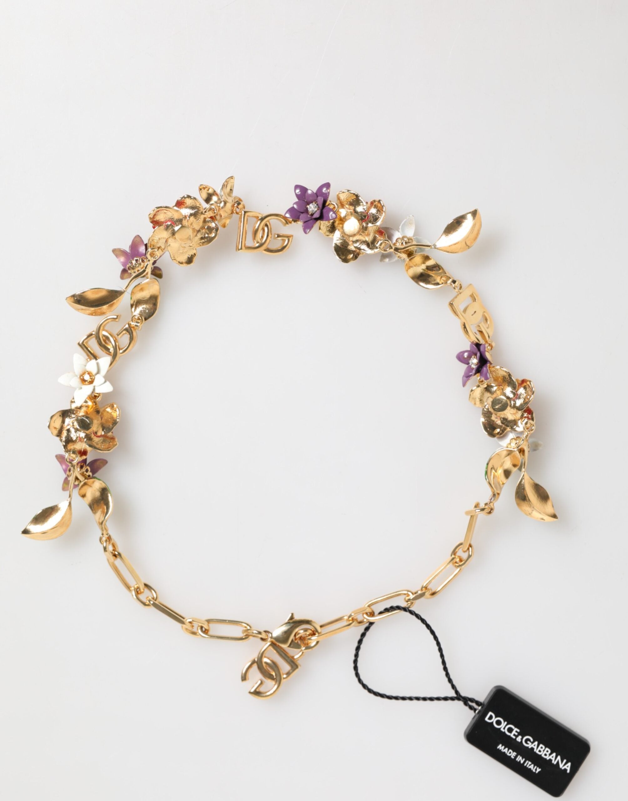 Dolce & Gabbana Goldfarbene Messing-Halskette mit Logo-Detail und Blumenmotiv