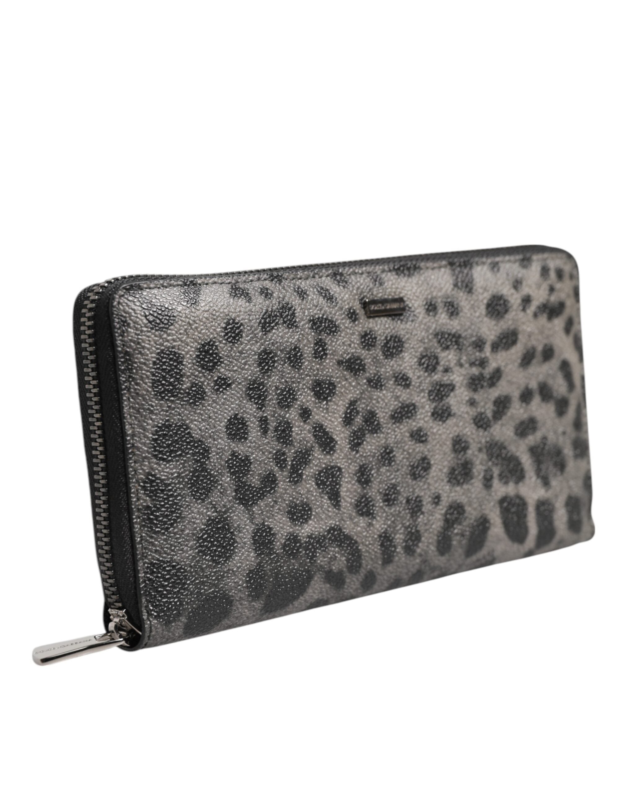 Dolce & Gabbana Schwarze graue Leopard Leder Reißverschluss Continental Geldbörse