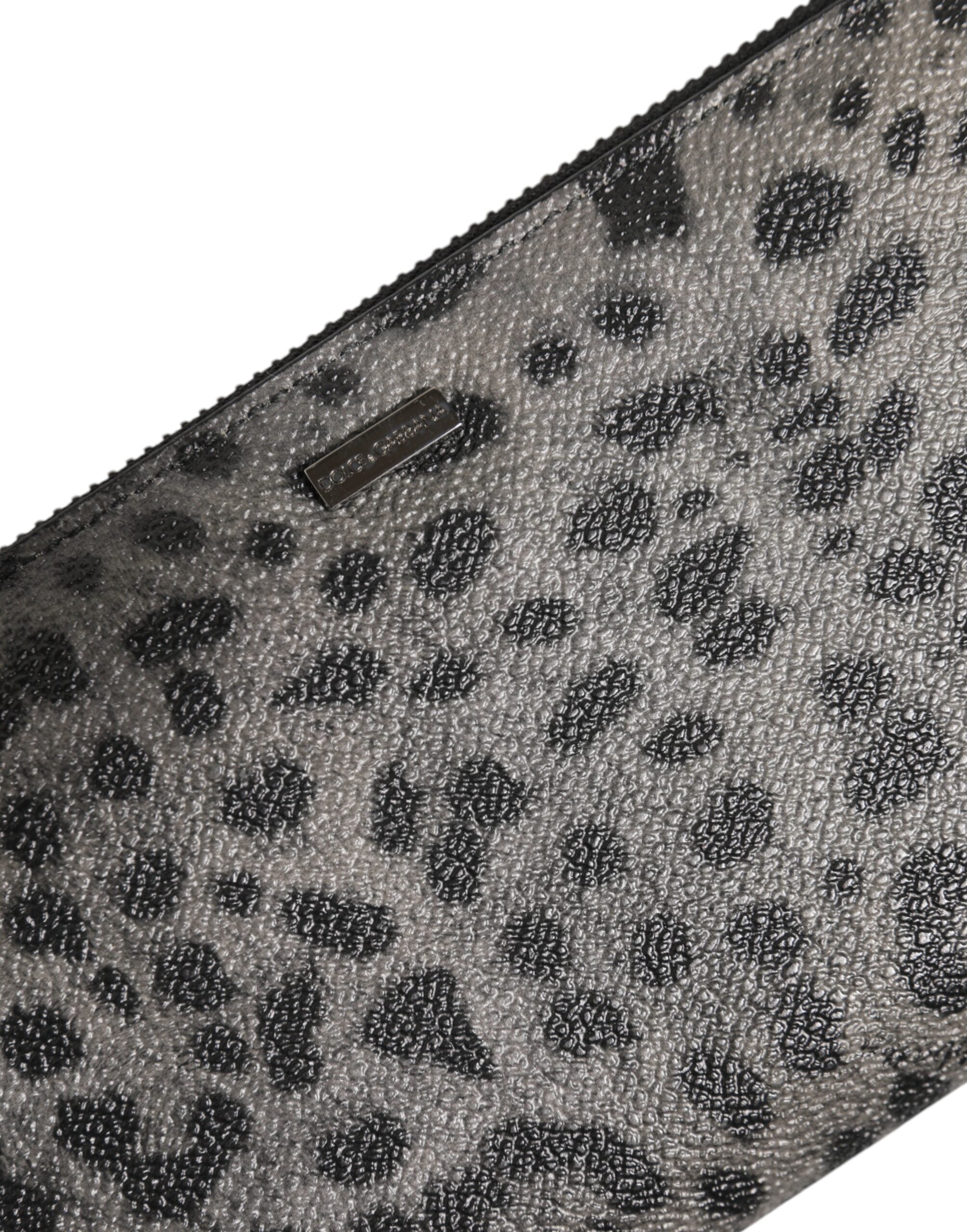 Dolce & Gabbana Schwarze graue Leopard Leder Reißverschluss Continental Geldbörse