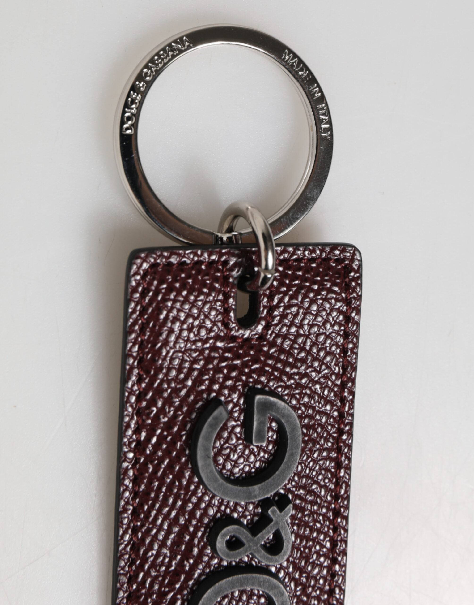 Dolce & Gabbana Bordeaux Leren Logo Metalen Ring Heren Sleutelhanger