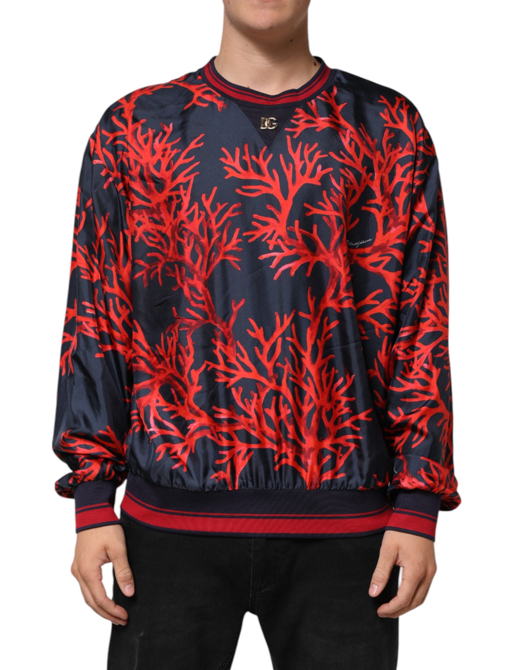 Dolce & Gabbana Zijden Navy Rode Koraalprint Pullover Trui