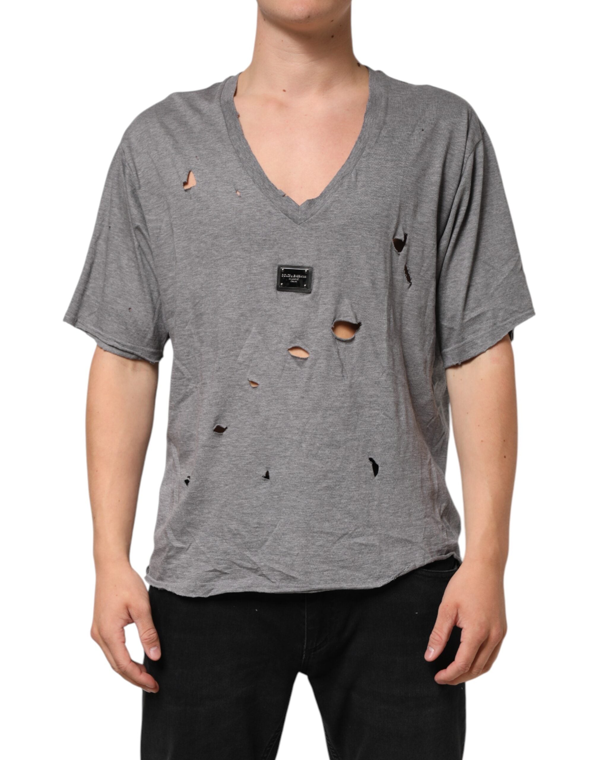 Dolce & Gabbana Graues Baumwoll T-Shirt für Herren mit zerfetztem Logo-Patch