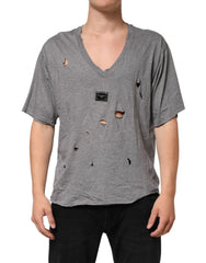 Dolce & Gabbana Graues Baumwoll T-Shirt für Herren mit zerfetztem Logo-Patch