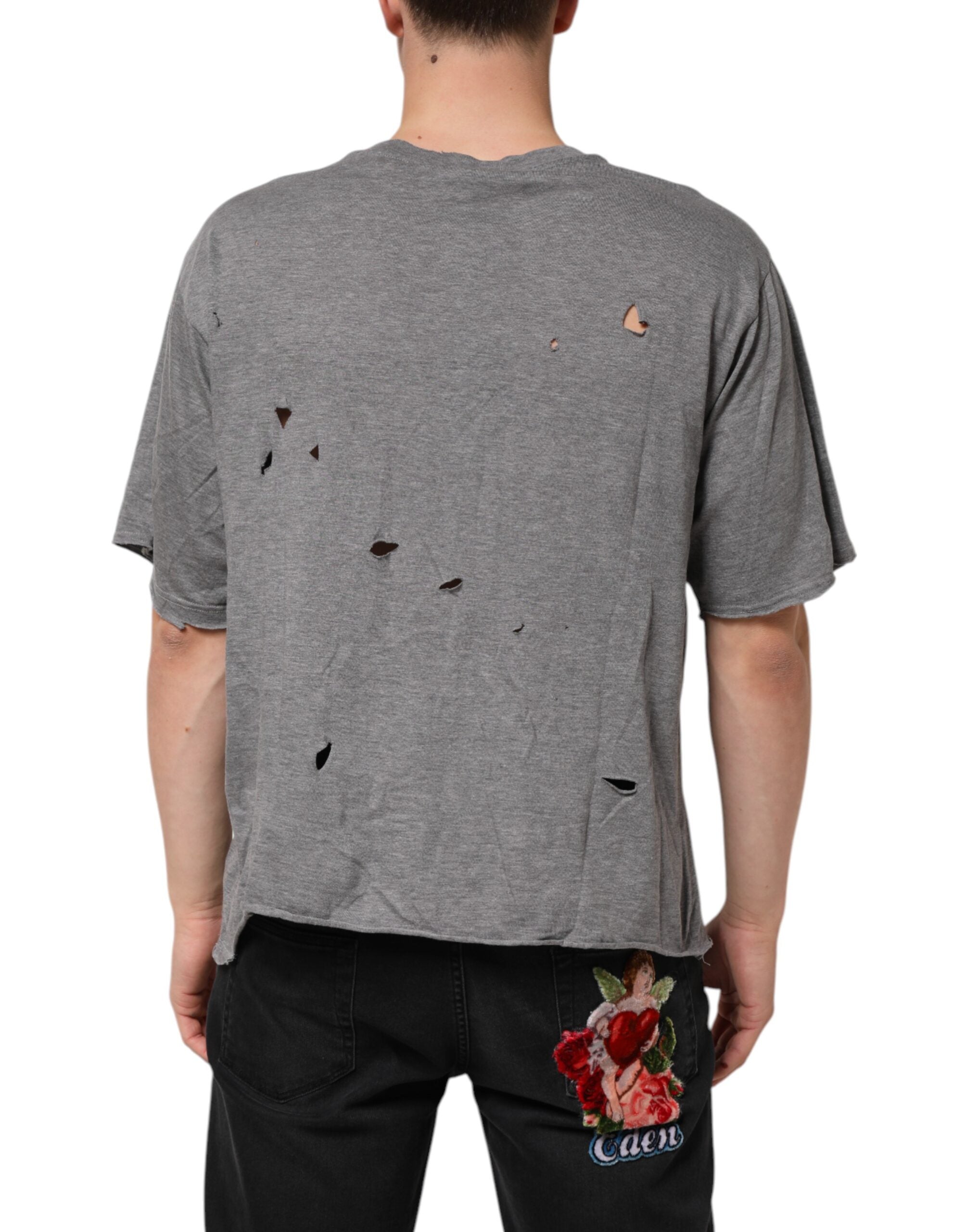 Dolce & Gabbana Graues Baumwoll T-Shirt für Herren mit zerfetztem Logo-Patch
