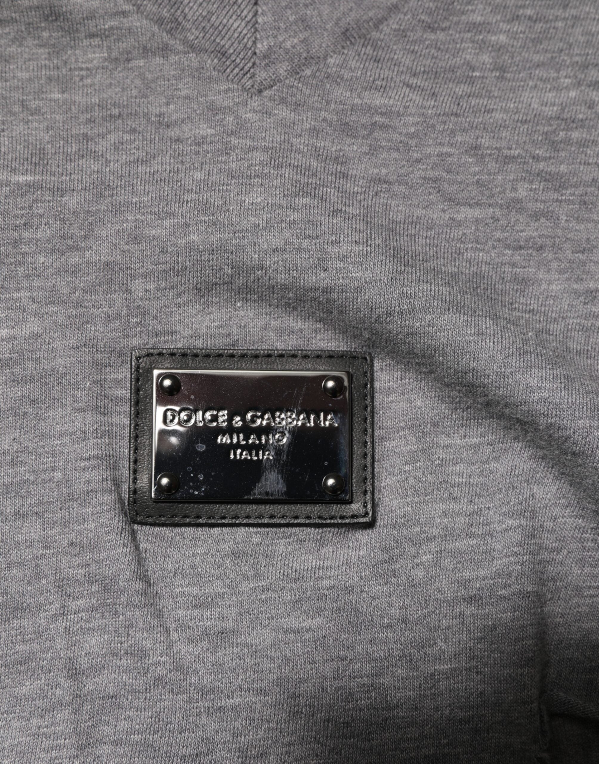 Dolce & Gabbana Graues Baumwoll T-Shirt für Herren mit zerfetztem Logo-Patch