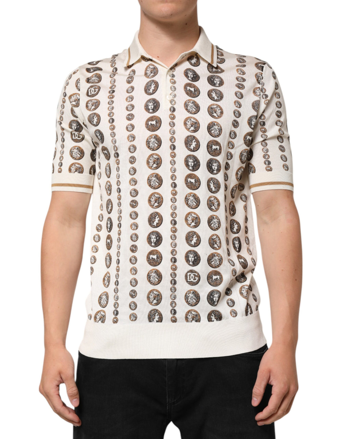 Dolce & Gabbana Seidenpolo für Herren, Elfenbein, mit Münzmotiv und Logo