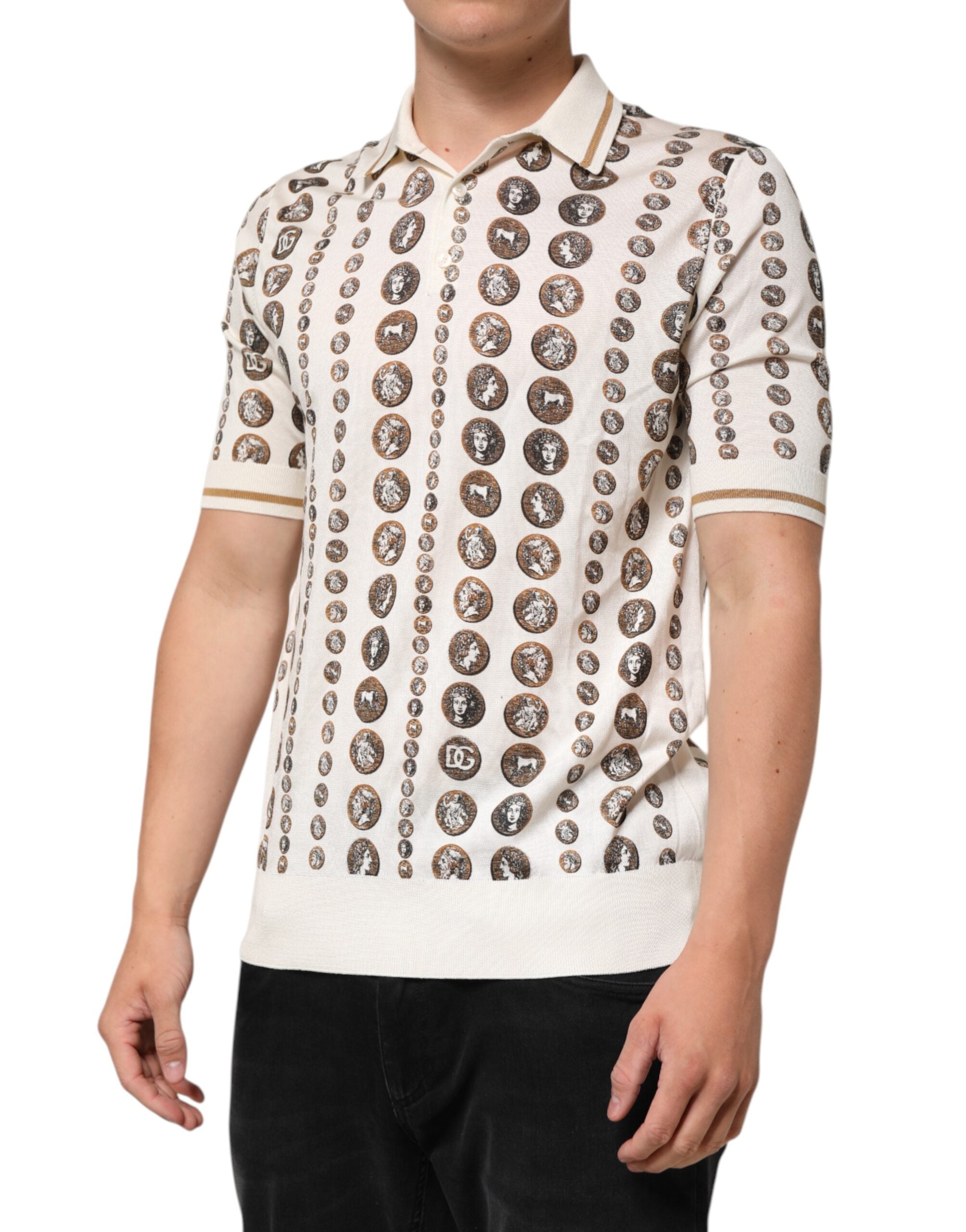 Dolce & Gabbana Seidenpolo für Herren, Elfenbein, mit Münzmotiv und Logo