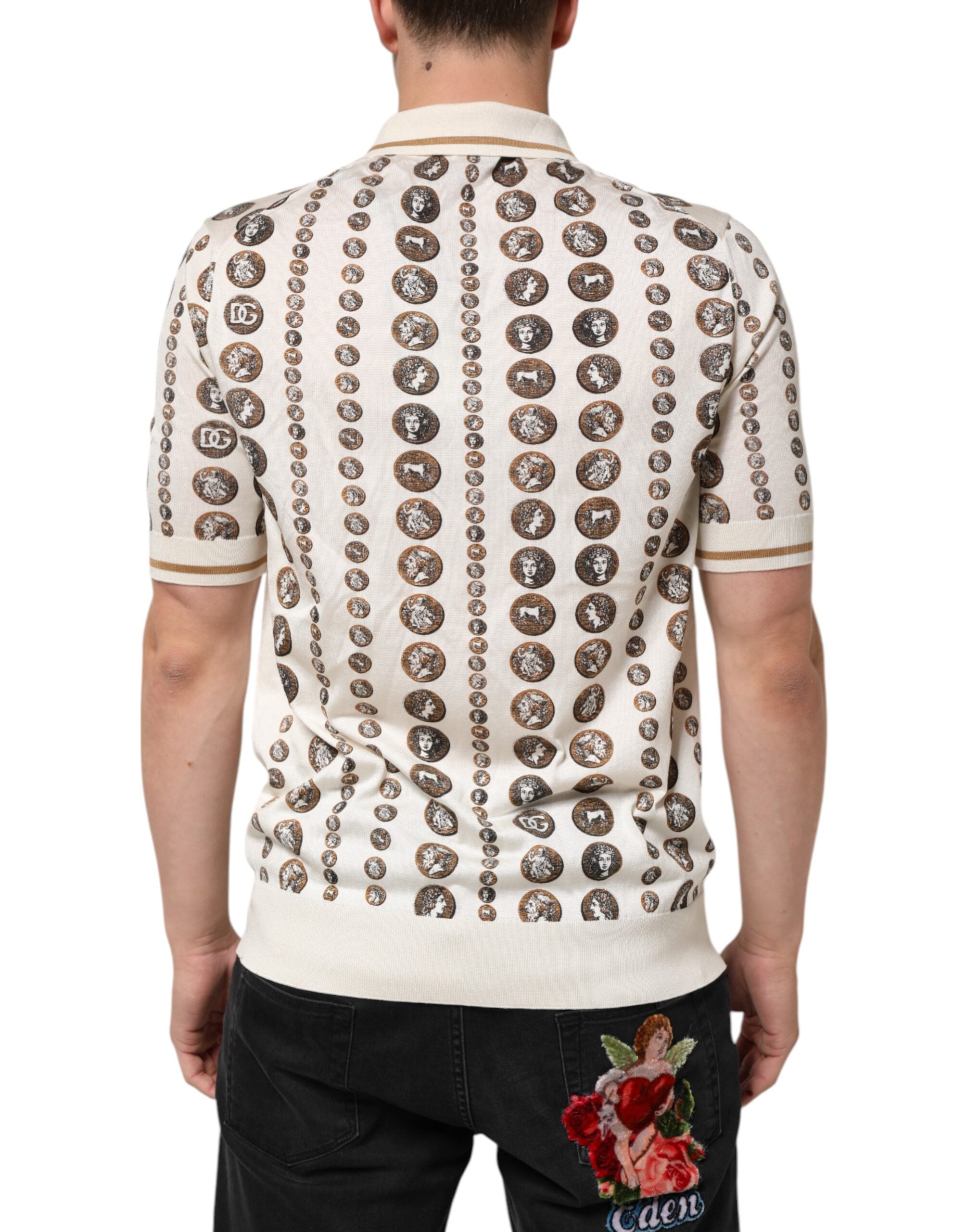 Dolce & Gabbana Seidenpolo für Herren, Elfenbein, mit Münzmotiv und Logo