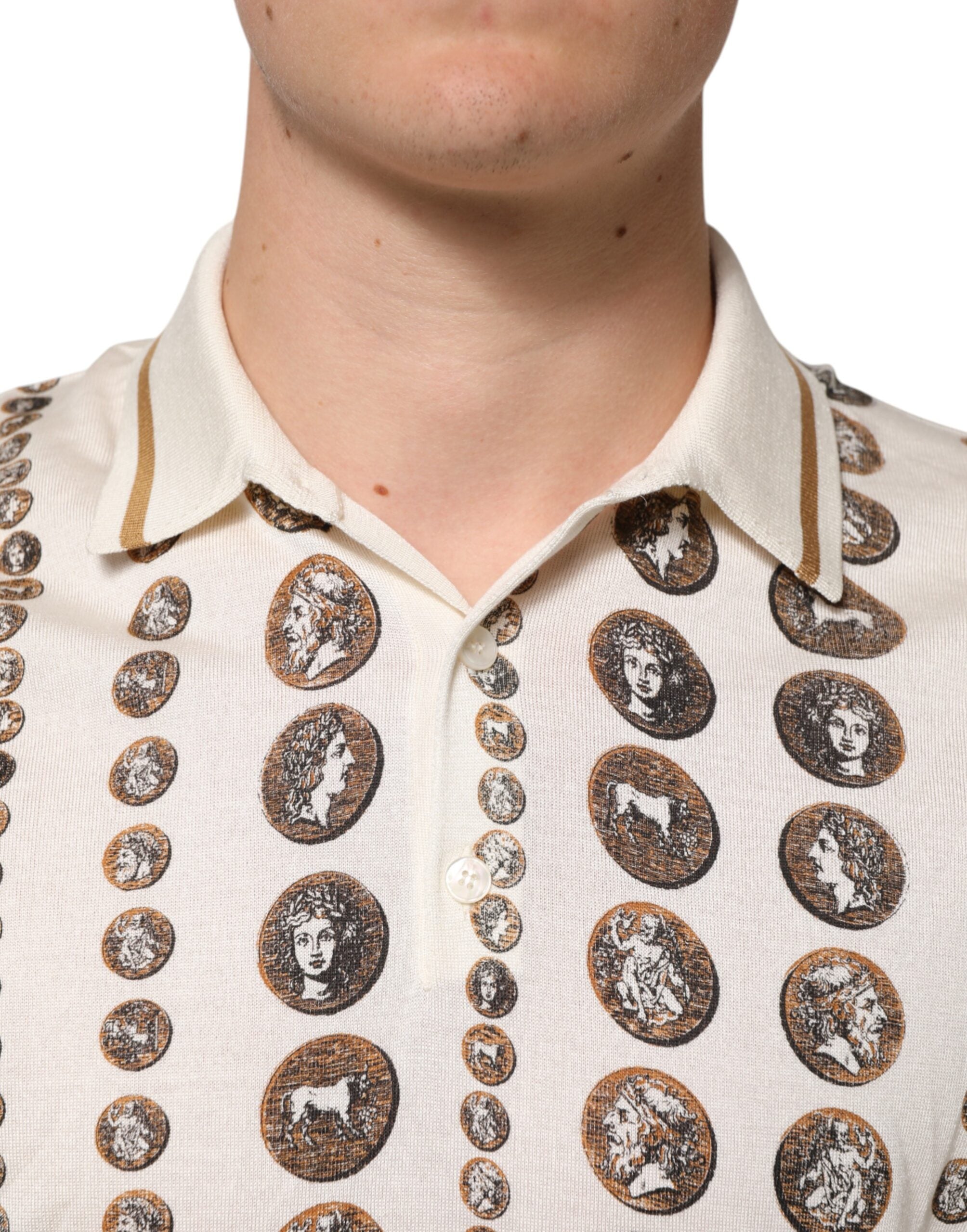 Dolce & Gabbana Seidenpolo für Herren, Elfenbein, mit Münzmotiv und Logo