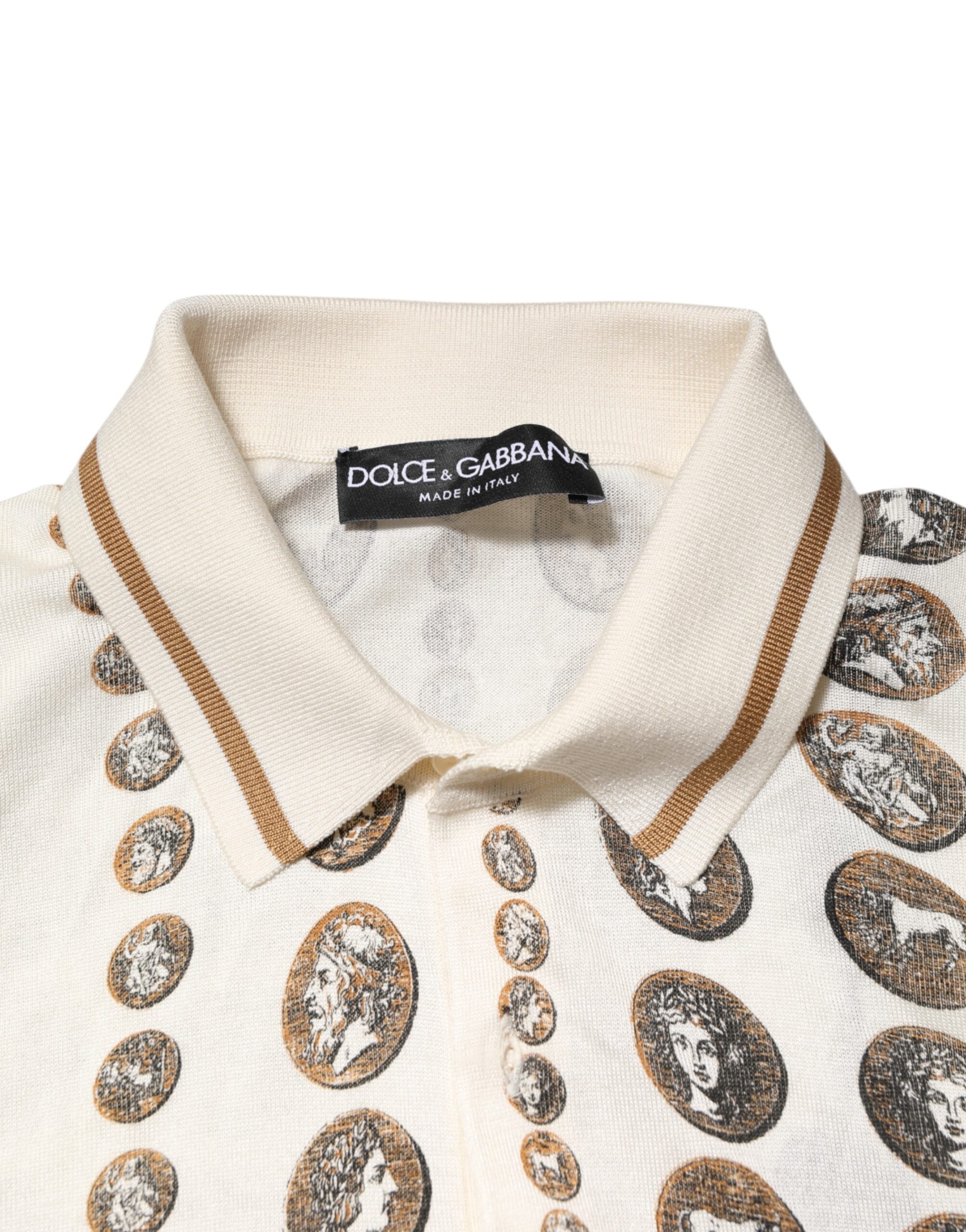 Dolce & Gabbana Seidenpolo für Herren, Elfenbein, mit Münzmotiv und Logo