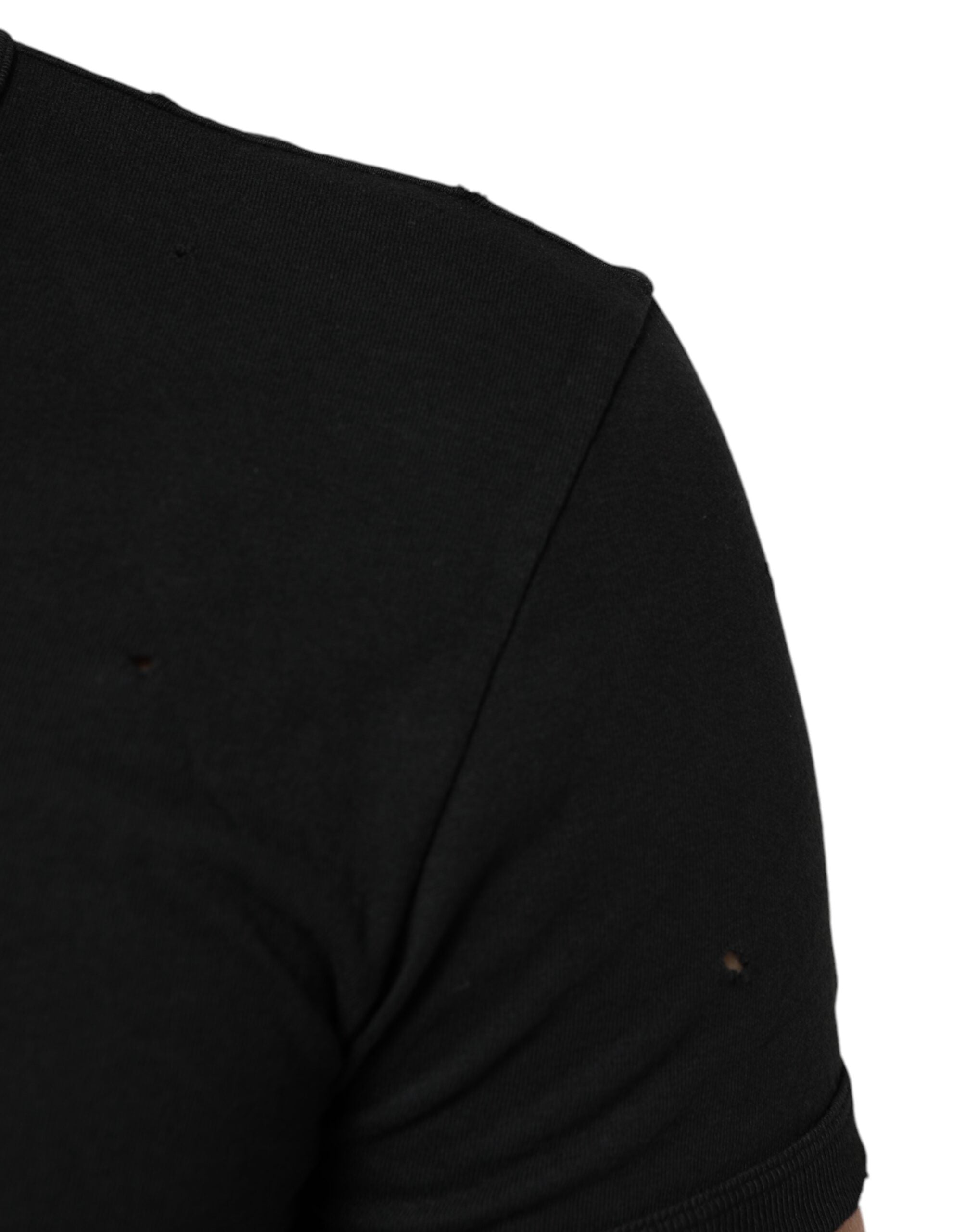 Dolce & Gabbana Black Cotton Tattered Logo V-Neck Men T-shirt