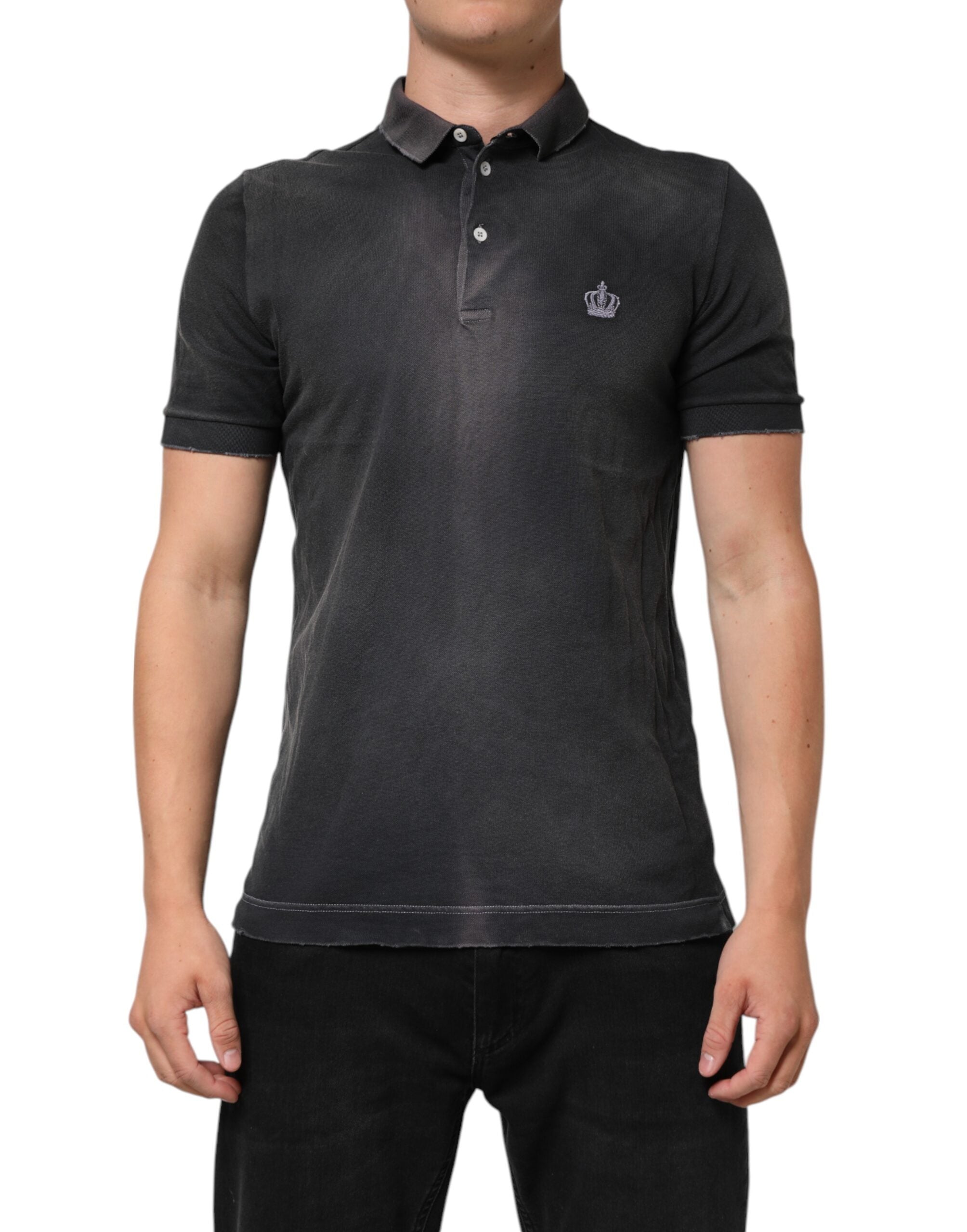 Dolce & Gabbana Graues Baumwoll-Polo-T-Shirt mit Kragen und Krone für Herren