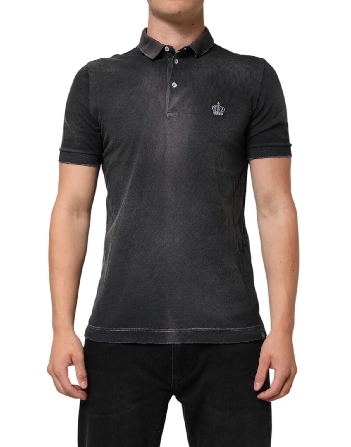 Dolce & Gabbana Graues Baumwoll-Polo-T-Shirt mit Kragen und Krone für Herren