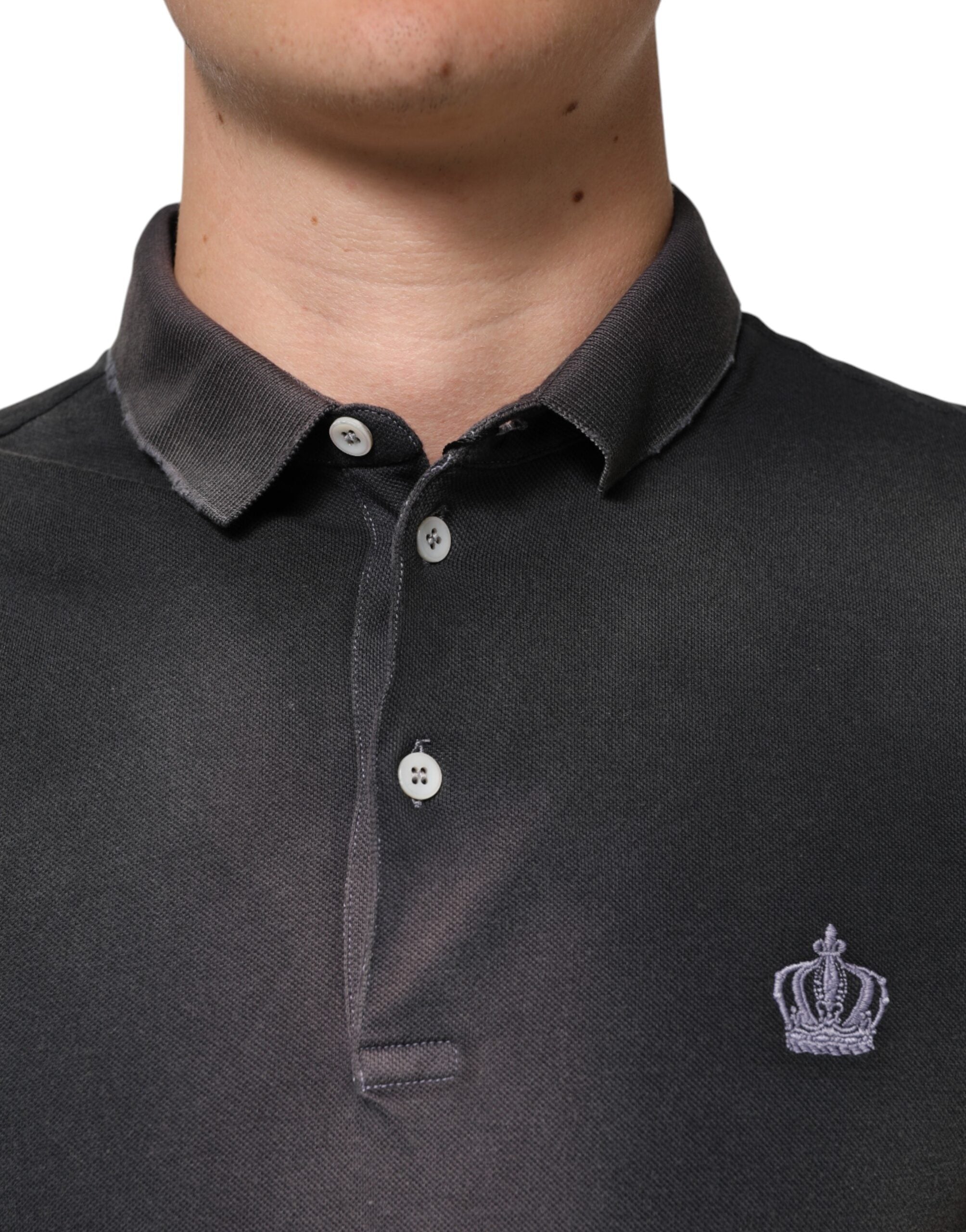 Dolce & Gabbana Graues Baumwoll-Polo-T-Shirt mit Kragen und Krone für Herren