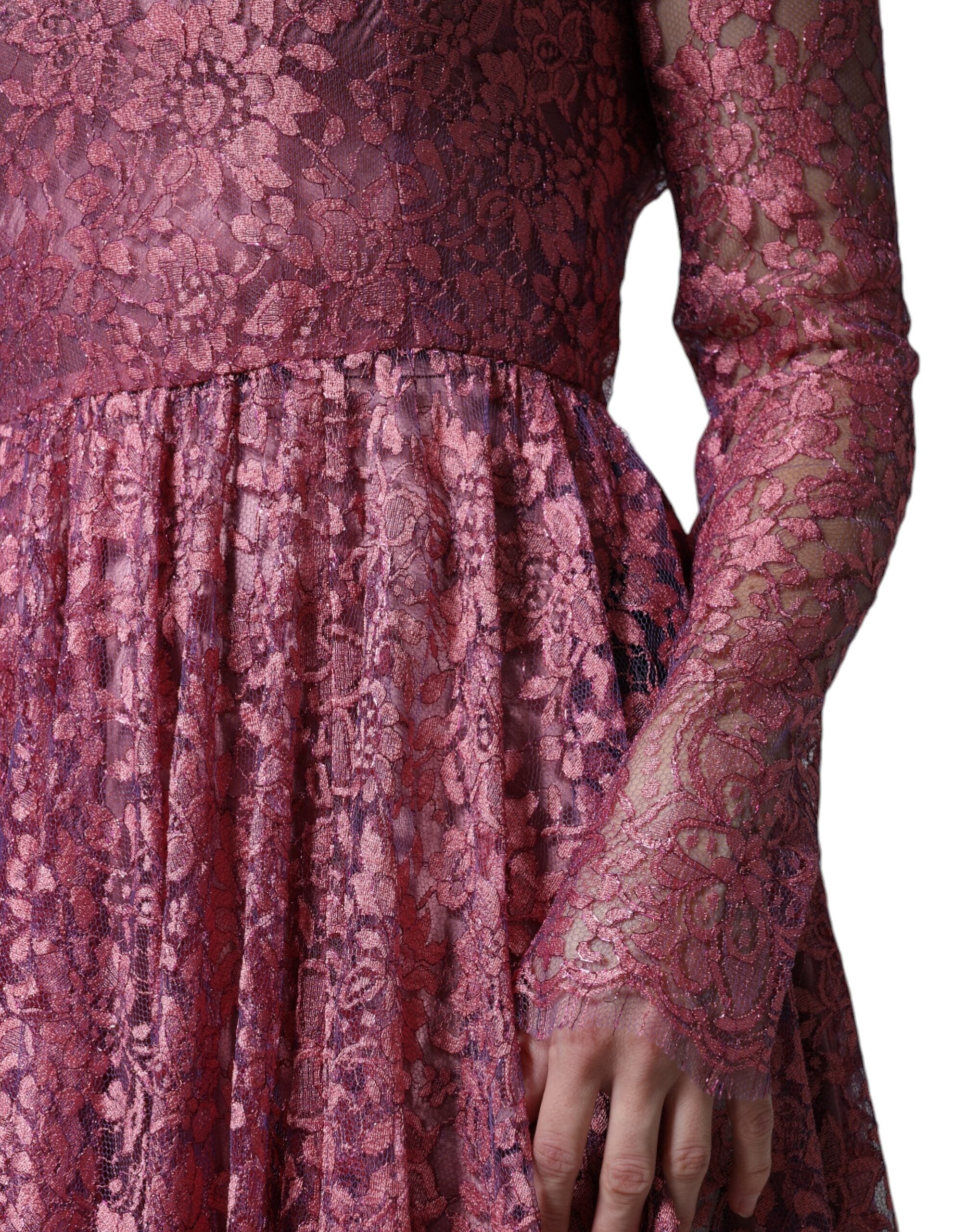 Dolce & Gabbana Rosa geblümtes Spitzen-Midi-Kleid mit langen Ärmeln