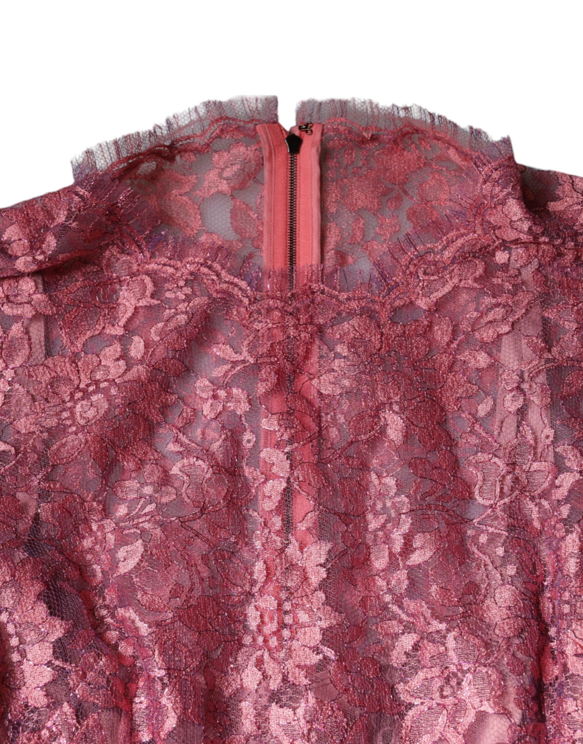 Dolce & Gabbana Rosa geblümtes Spitzen-Midi-Kleid mit langen Ärmeln