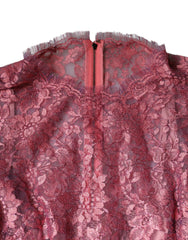 Dolce & Gabbana Rosa geblümtes Spitzen-Midi-Kleid mit langen Ärmeln