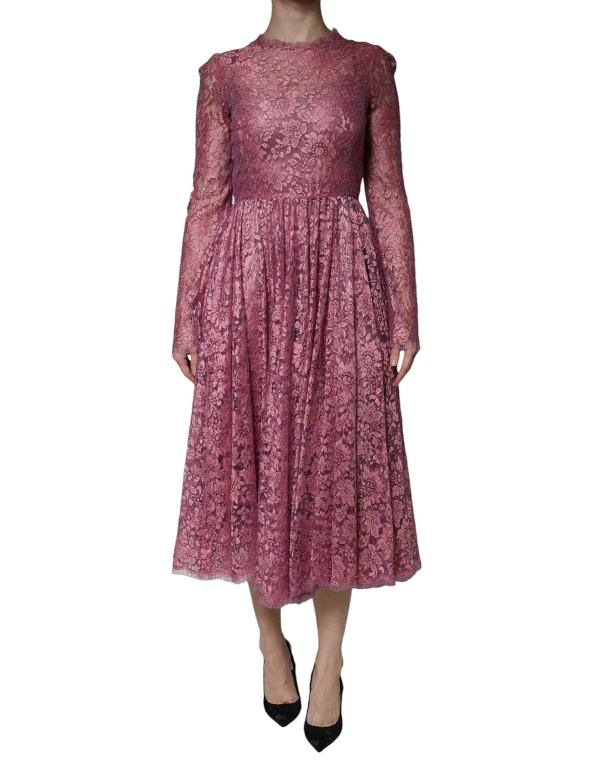 Dolce & Gabbana Rosa geblümtes Spitzen-Midi-Kleid mit langen Ärmeln