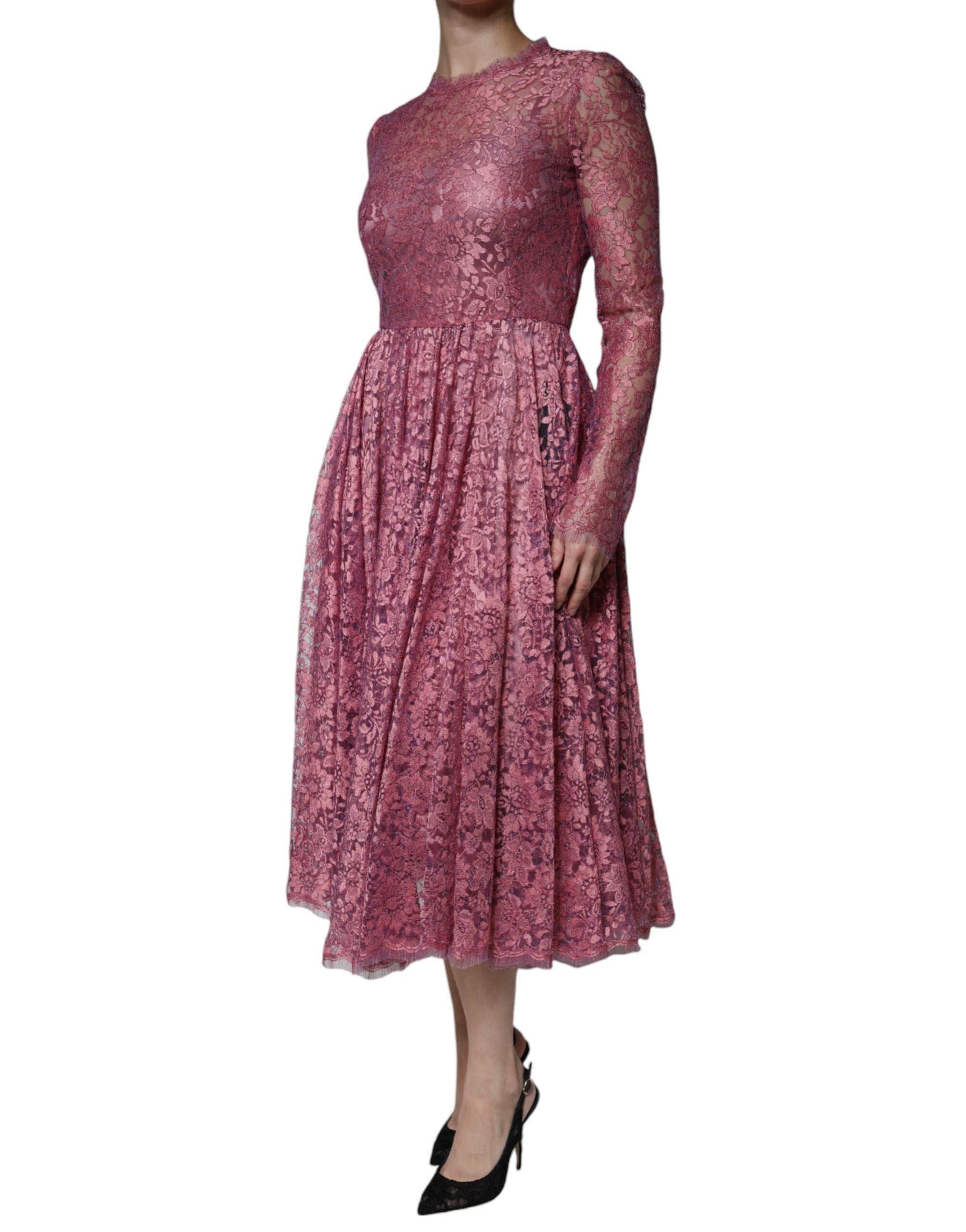 Dolce & Gabbana Rosa geblümtes Spitzen-Midi-Kleid mit langen Ärmeln