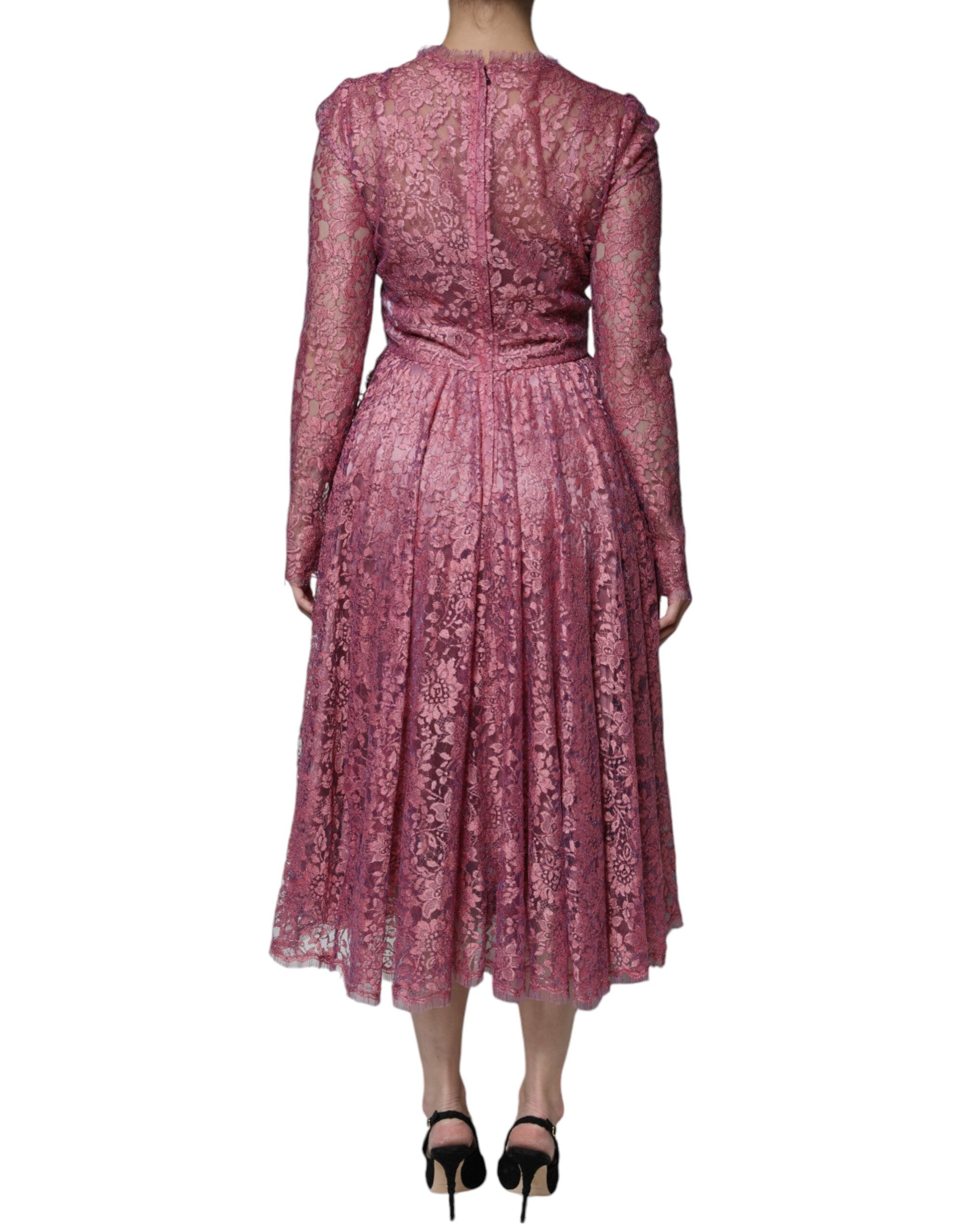 Dolce & Gabbana Rosa geblümtes Spitzen-Midi-Kleid mit langen Ärmeln