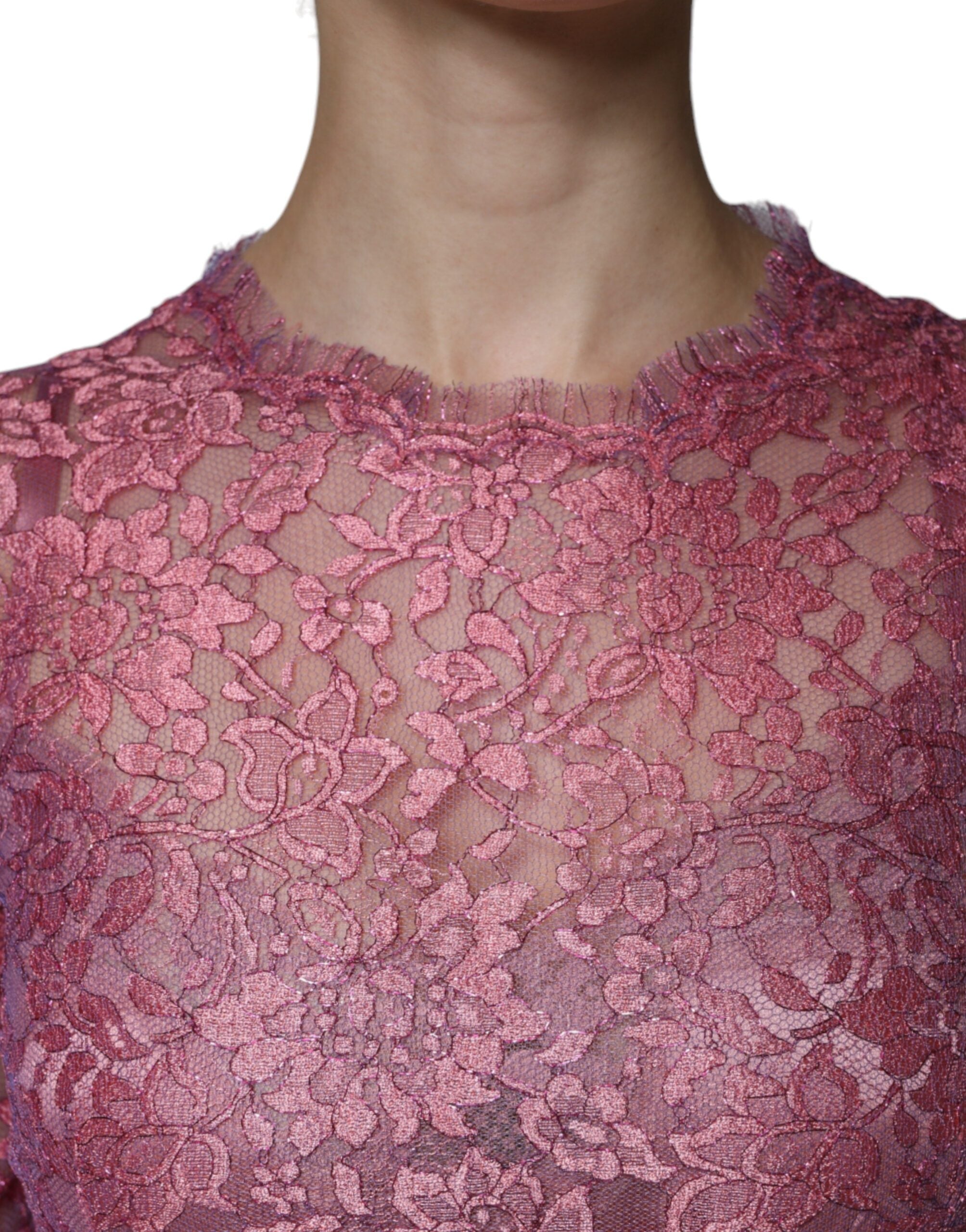 Dolce & Gabbana Rosa geblümtes Spitzen-Midi-Kleid mit langen Ärmeln