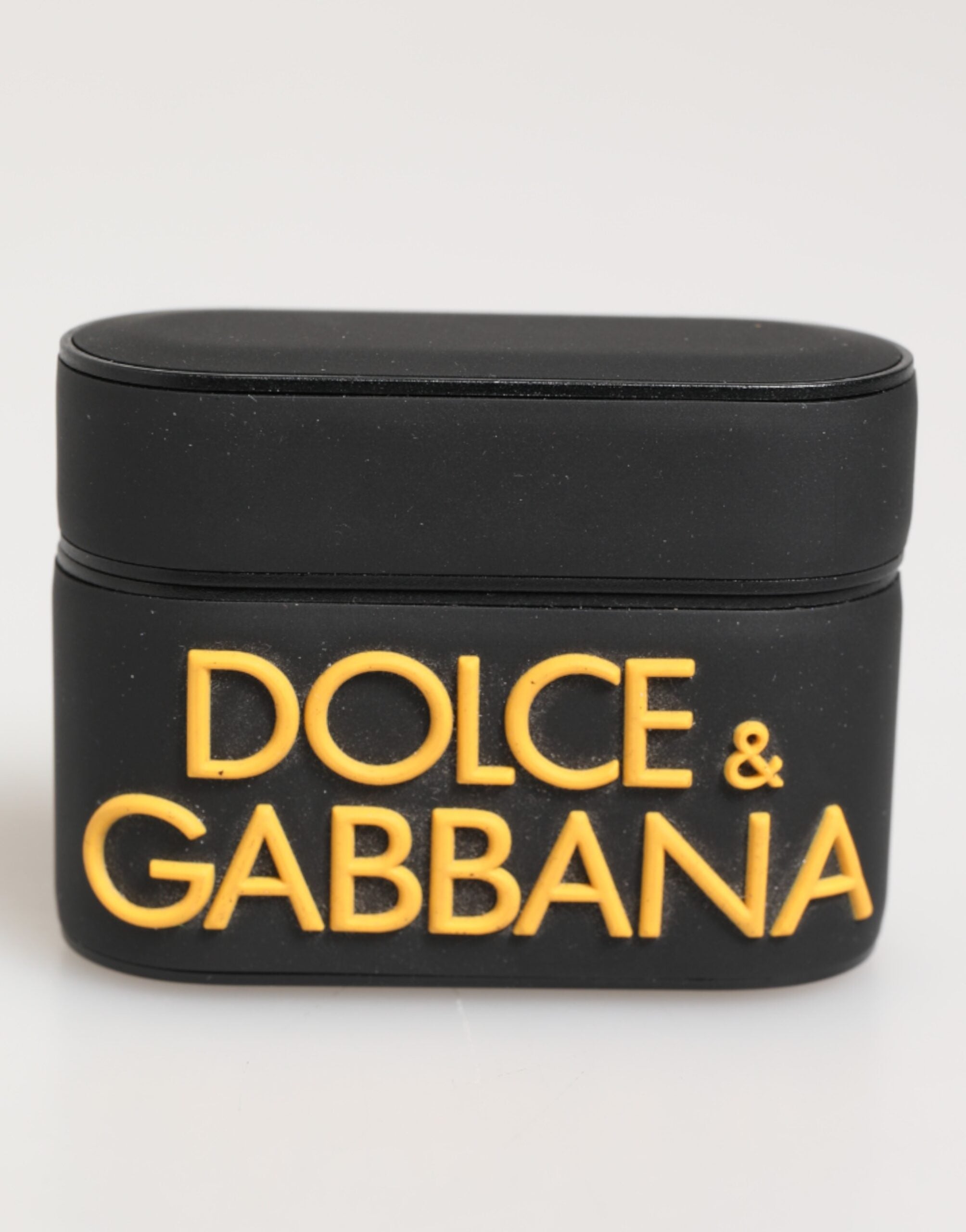 Dolce & Gabbana Schwarzes gelbes Gummi-Logo geprägtes Accessoire Airpods Hülle
