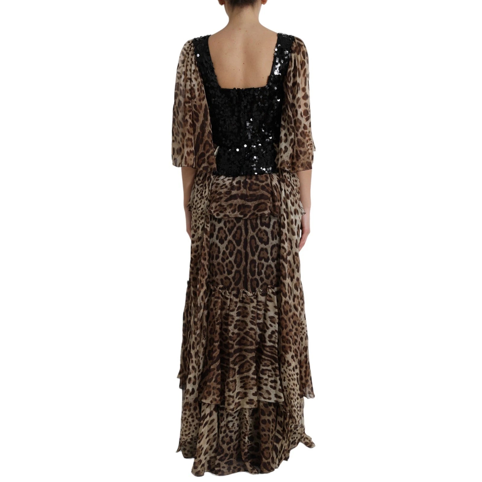 Dolce & Gabbana Maxikleid aus Seide mit Leopardenmuster, Pailletten und Rüschen