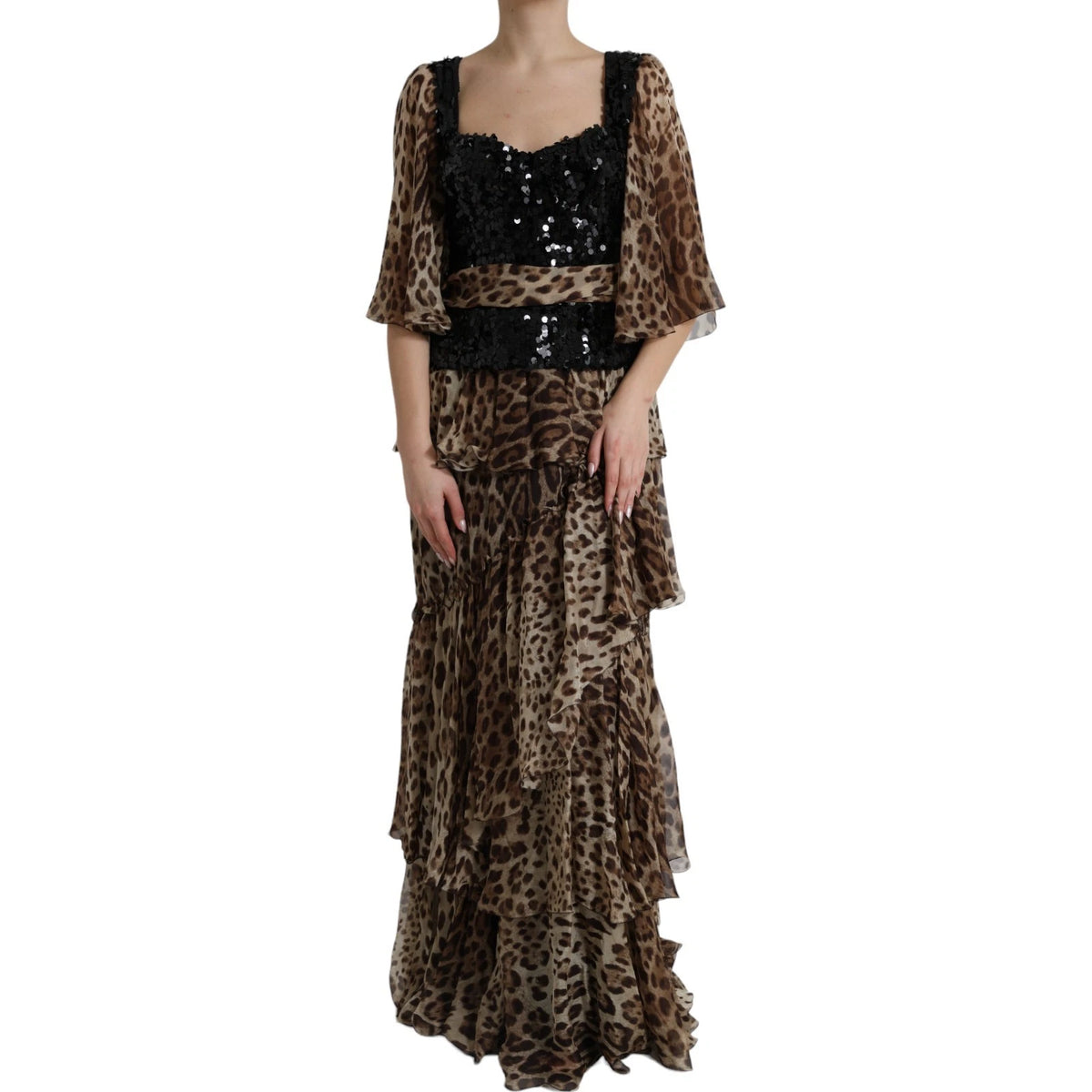 Dolce & Gabbana Maxikleid aus Seide mit Leopardenmuster, Pailletten und Rüschen