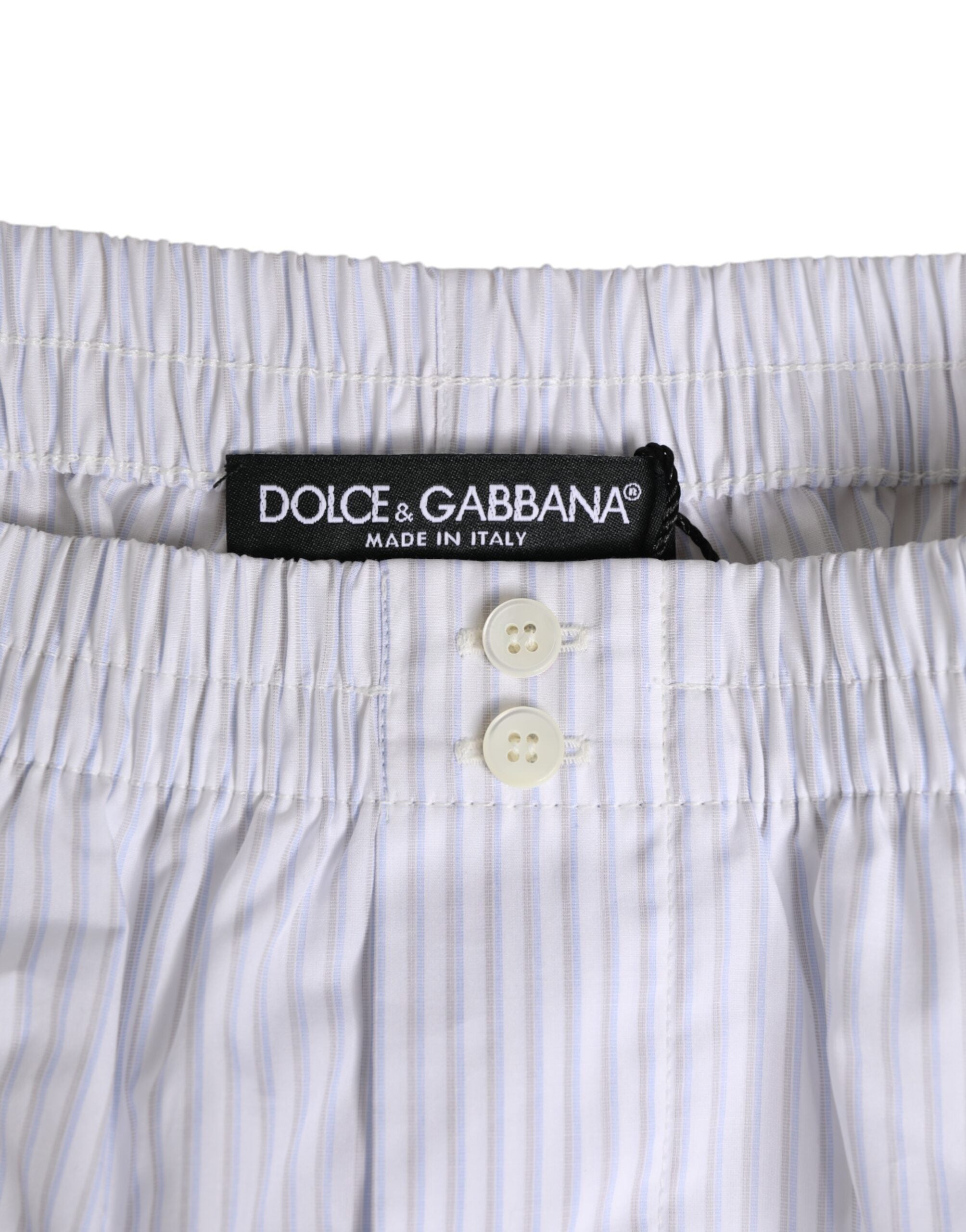 Dolce & Gabbana Weiße blaue Baumwoll-Shorts mit Streifenmuster und Knopfleiste Bademode