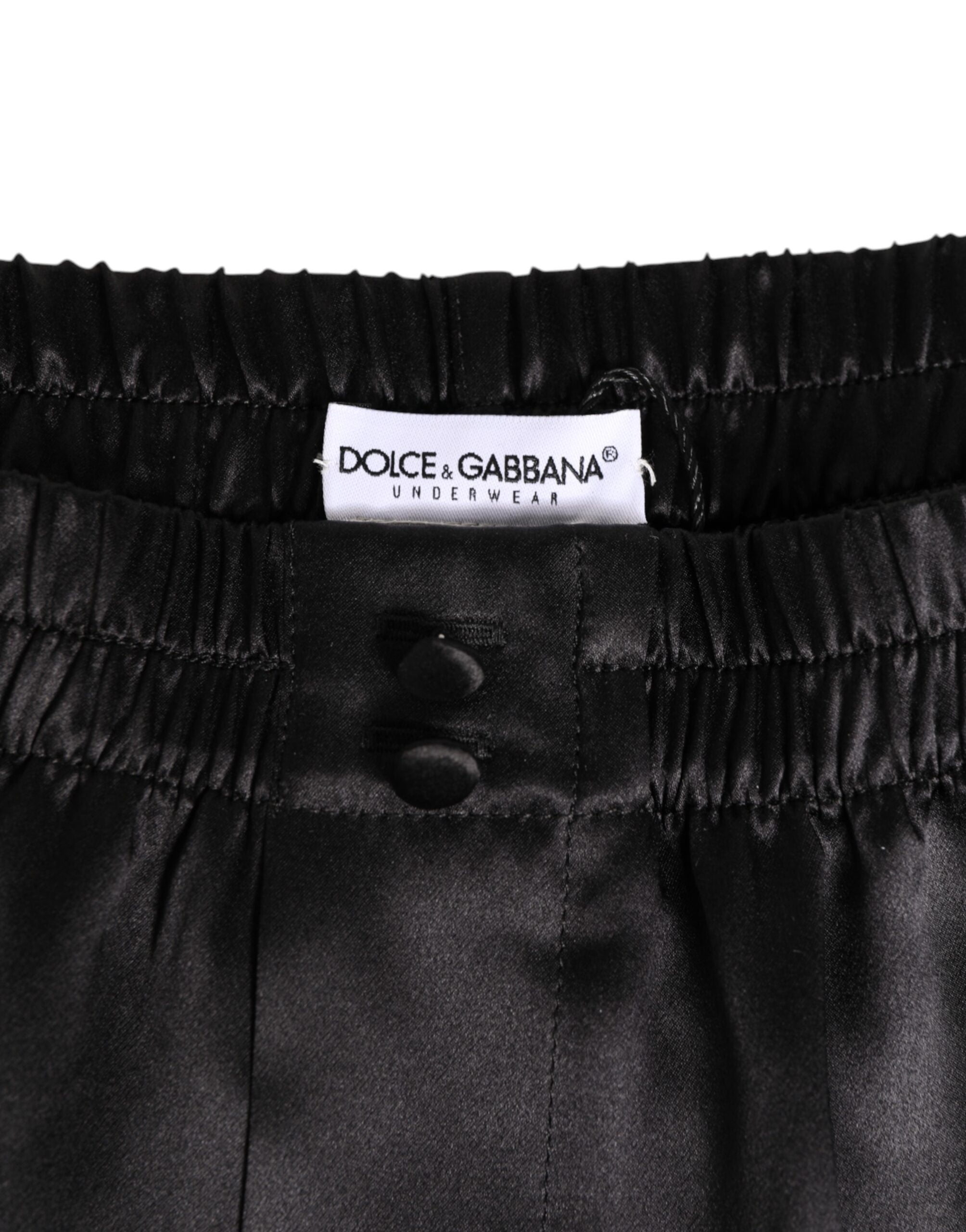 Dolce & Gabbana Schwarze Seidensatin Elastische Herren Boxershorts Bademode