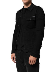 Dolce & Gabbana Black Cotton Denim Stretch Button Up Jacket