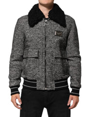 Dolce & Gabbana Grijze Wollen Visgraat Shearling Kraag Bomberjack