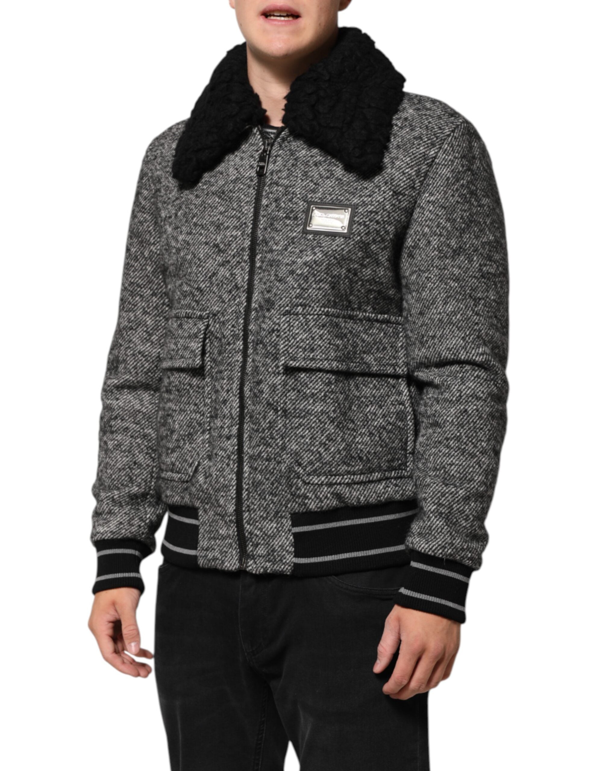 Dolce & Gabbana Grijze Wollen Visgraat Shearling Kraag Bomberjack