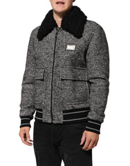 Dolce & Gabbana Grijze Wollen Visgraat Shearling Kraag Bomberjack
