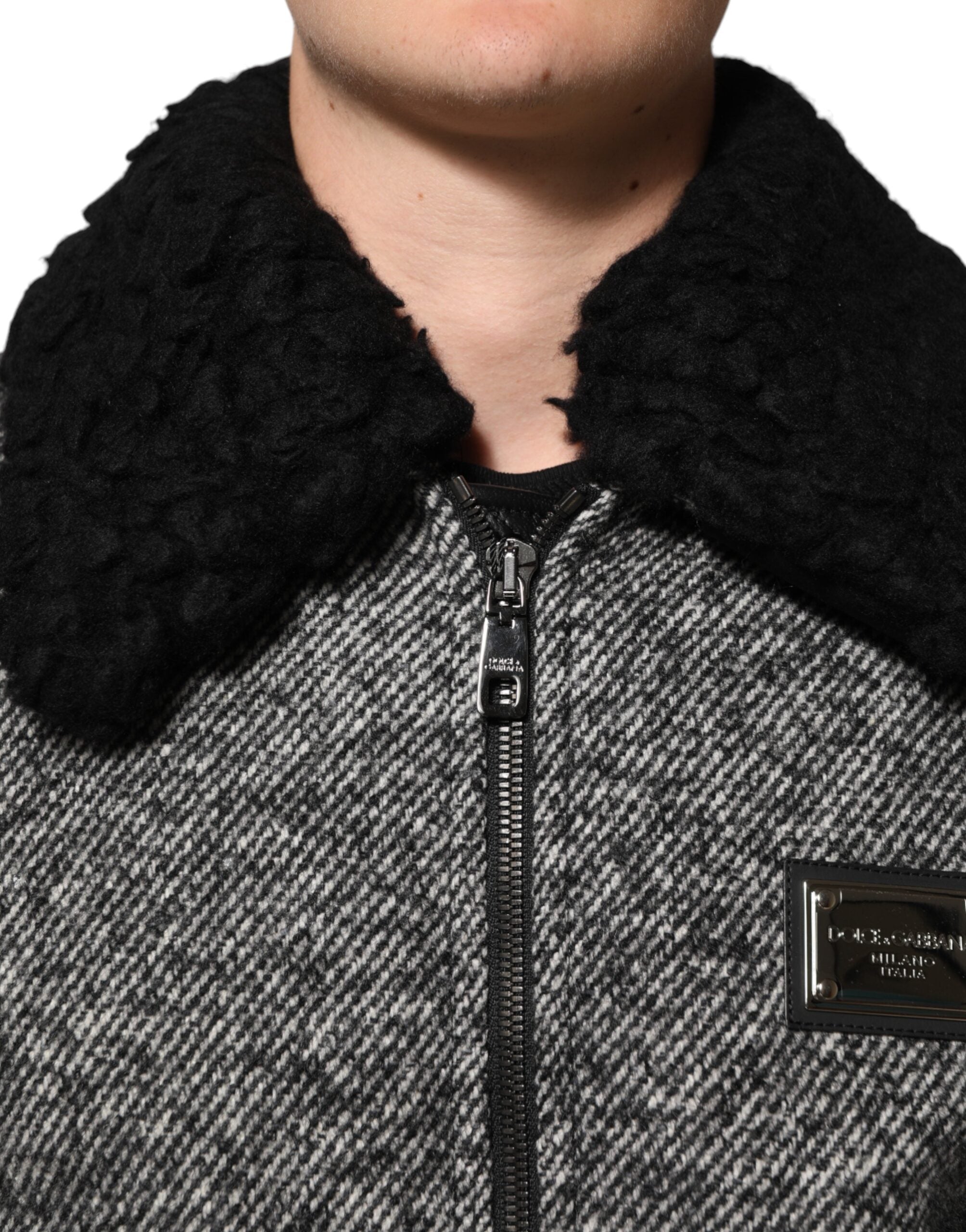 Dolce & Gabbana Grijze Wollen Visgraat Shearling Kraag Bomberjack