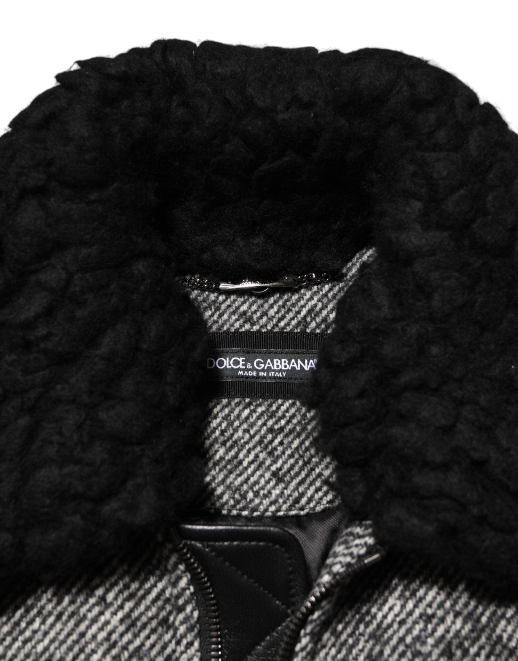 Dolce & Gabbana Grijze Wollen Visgraat Shearling Kraag Bomberjack